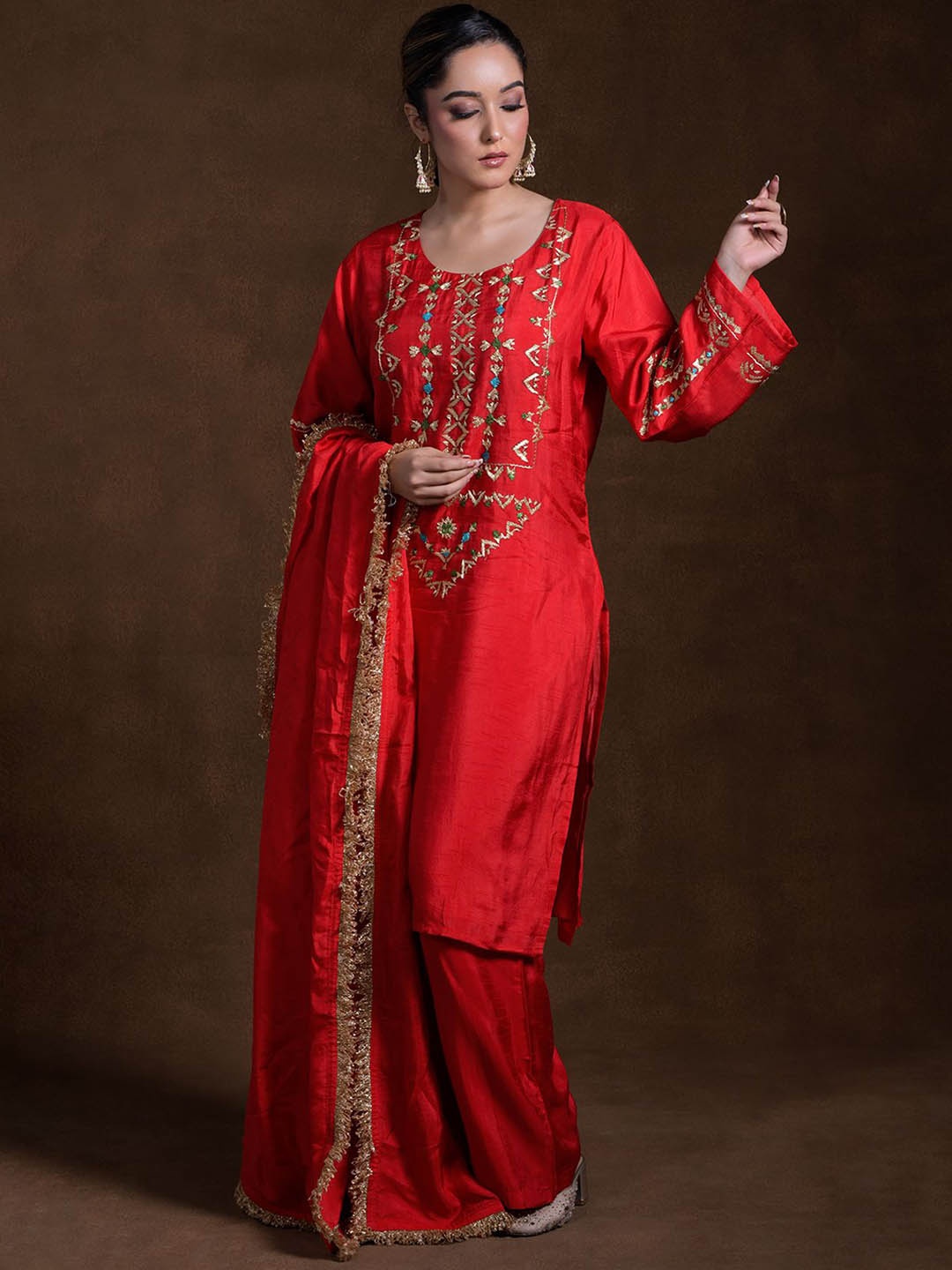 

Phulkari Forever Floral Embroidered Pure Silk Straight Kurta With Trousers & Dupatta, Red
