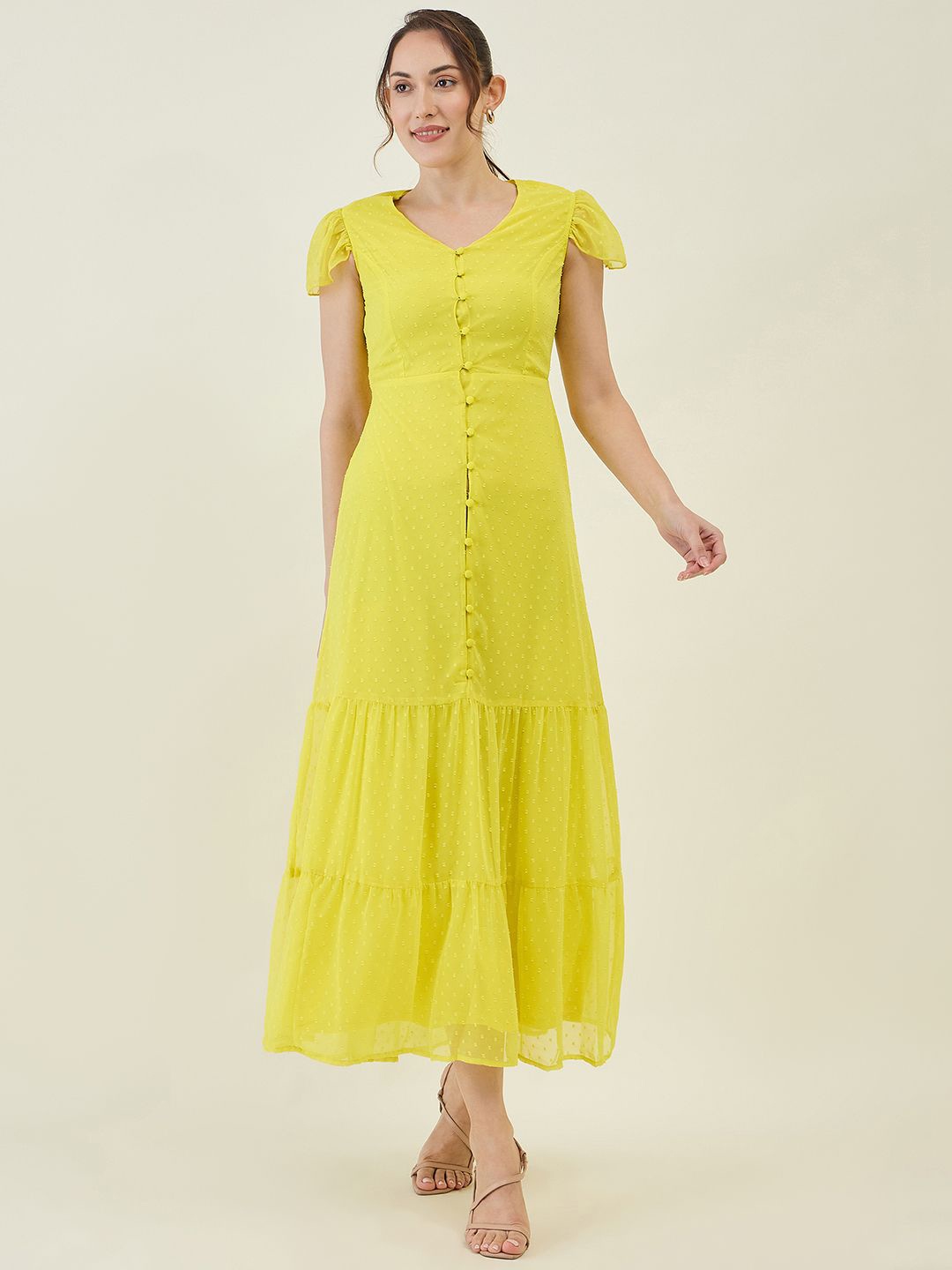 

aayu Women Layered Maxi Fit and Flare Dress, Yellow