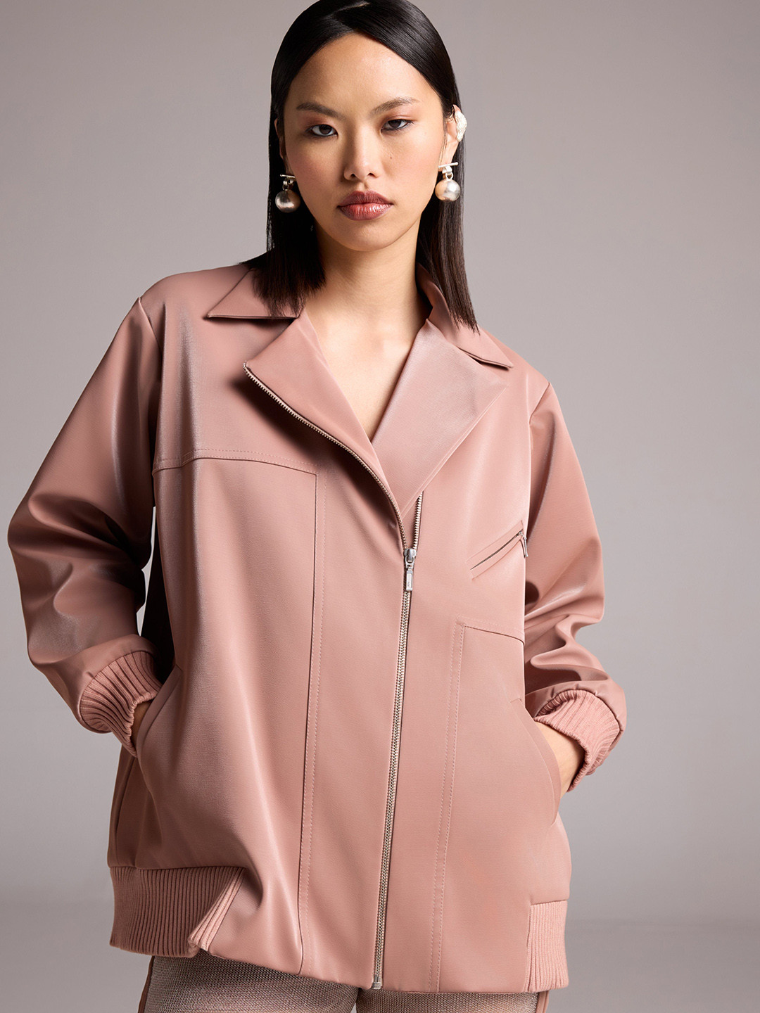 

The Dapper Lady Women Lapel Collar Solid Casual Leather Jacket, Rose gold