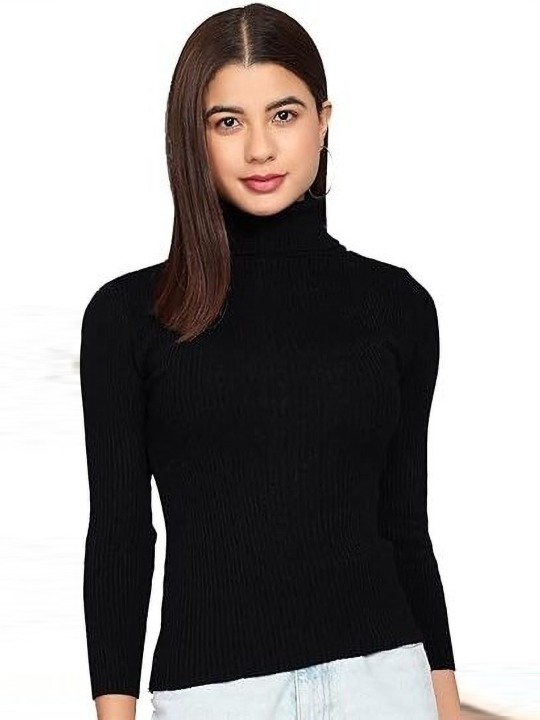 

SRISARAS Women Self Design Turtle Neck Cotton Relaxed Fit T-shirt, Black