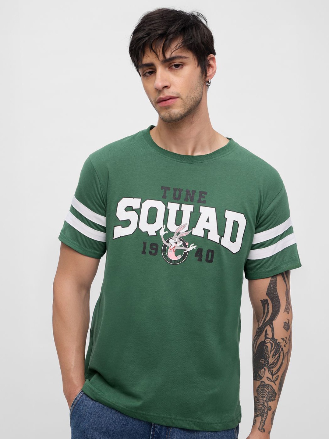 

The Souled Store Men Typography Printed Round Neck Cotton T-shirt, Green