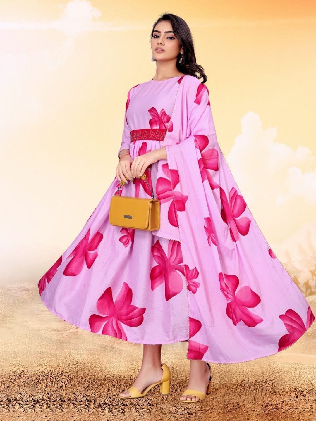 

Raiyani Fashion Floral Printed Fit & Flare Maxi Ethnic Dress, Pink