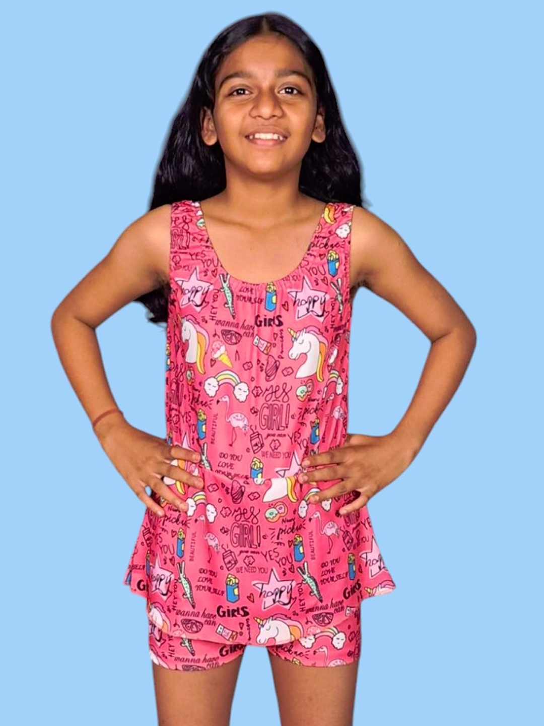 

Aqua Holic Girls Printed Swim Legsuit, Pink