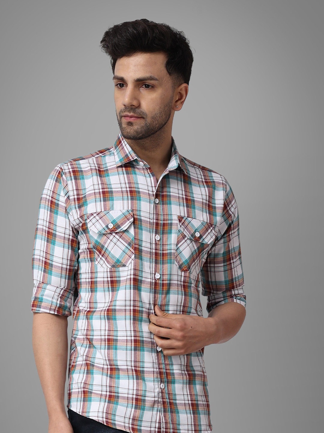 

Metronaut Men Tartan Checks Semi Sheer Checked Casual Shirt, White