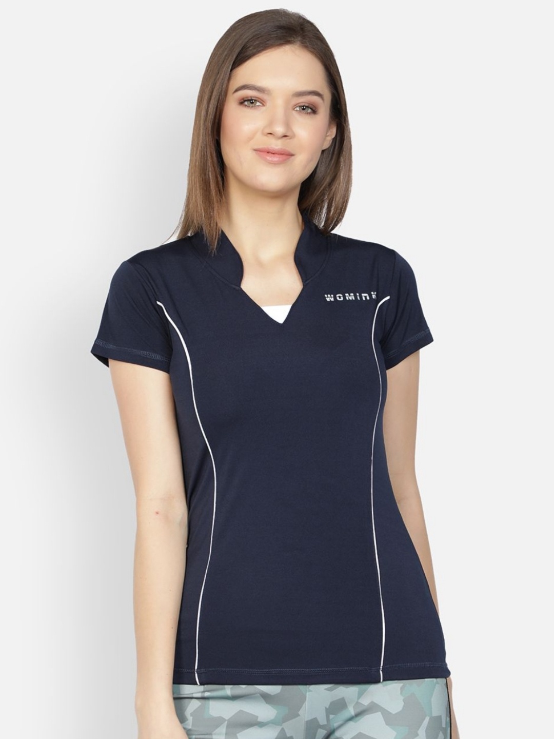 

WOMINK Women Moisture Wicking Typography Printed V-Neck Slim Fit T-shirt, Navy blue