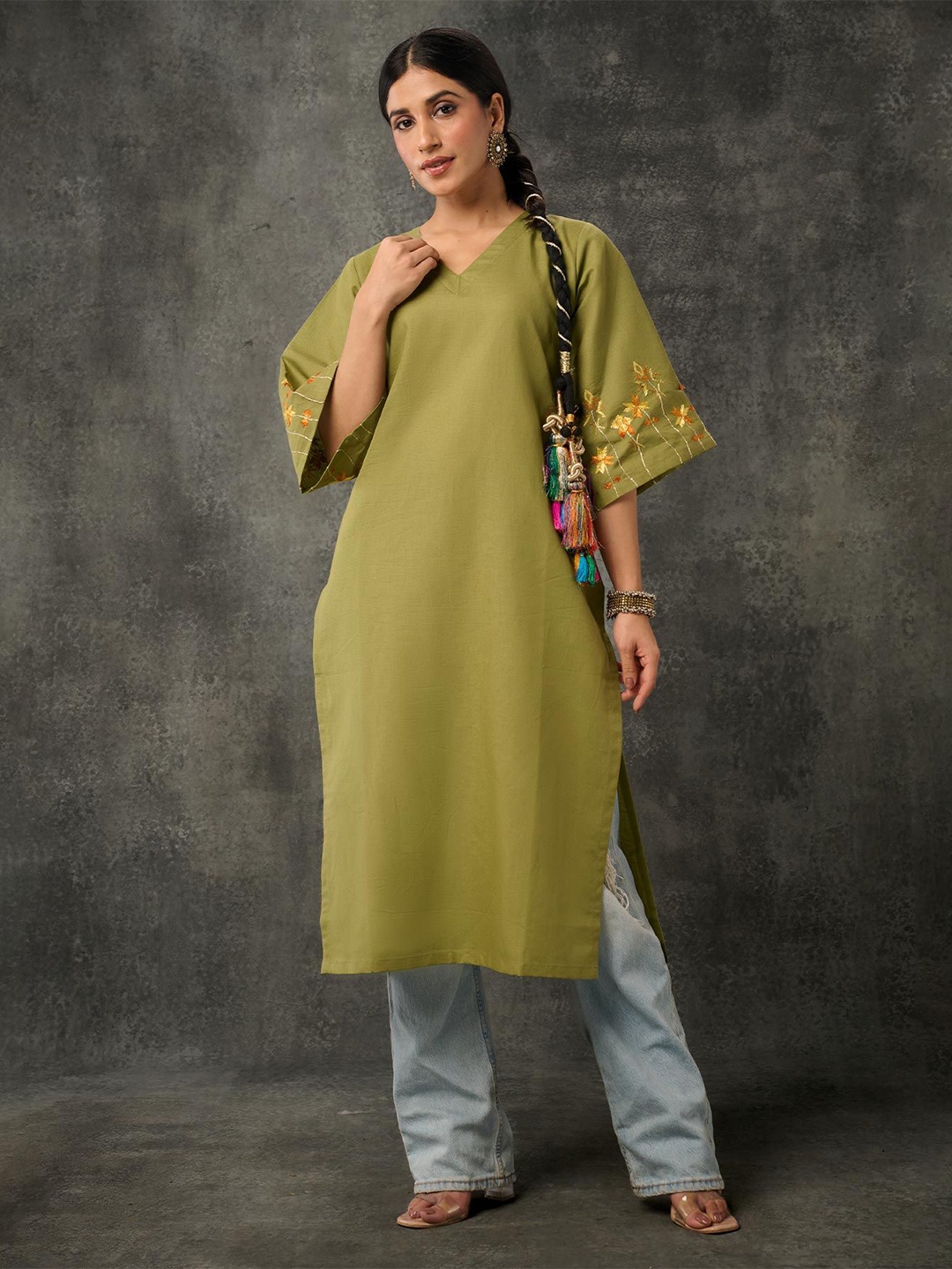 

Phulkari Forever Embroidered Flared Sleeves Phulkari Kurta, Olive