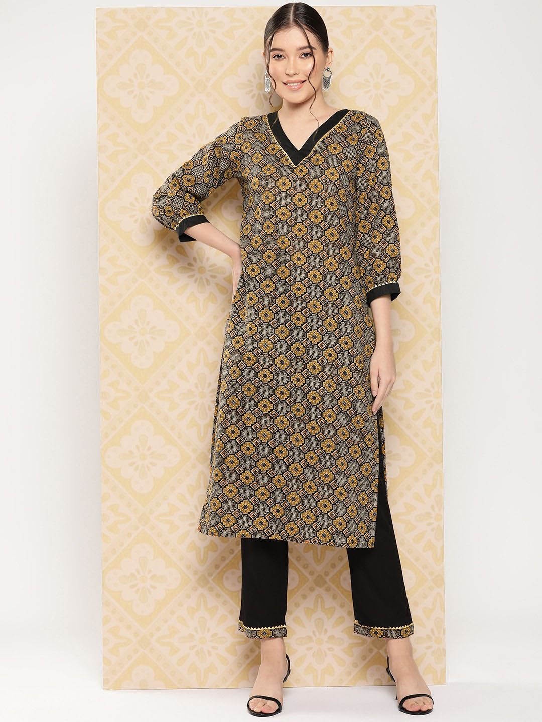 

KALINI Ethnic Motifs Printed Pure Cotton Straight Kurta With Trousers, Brown