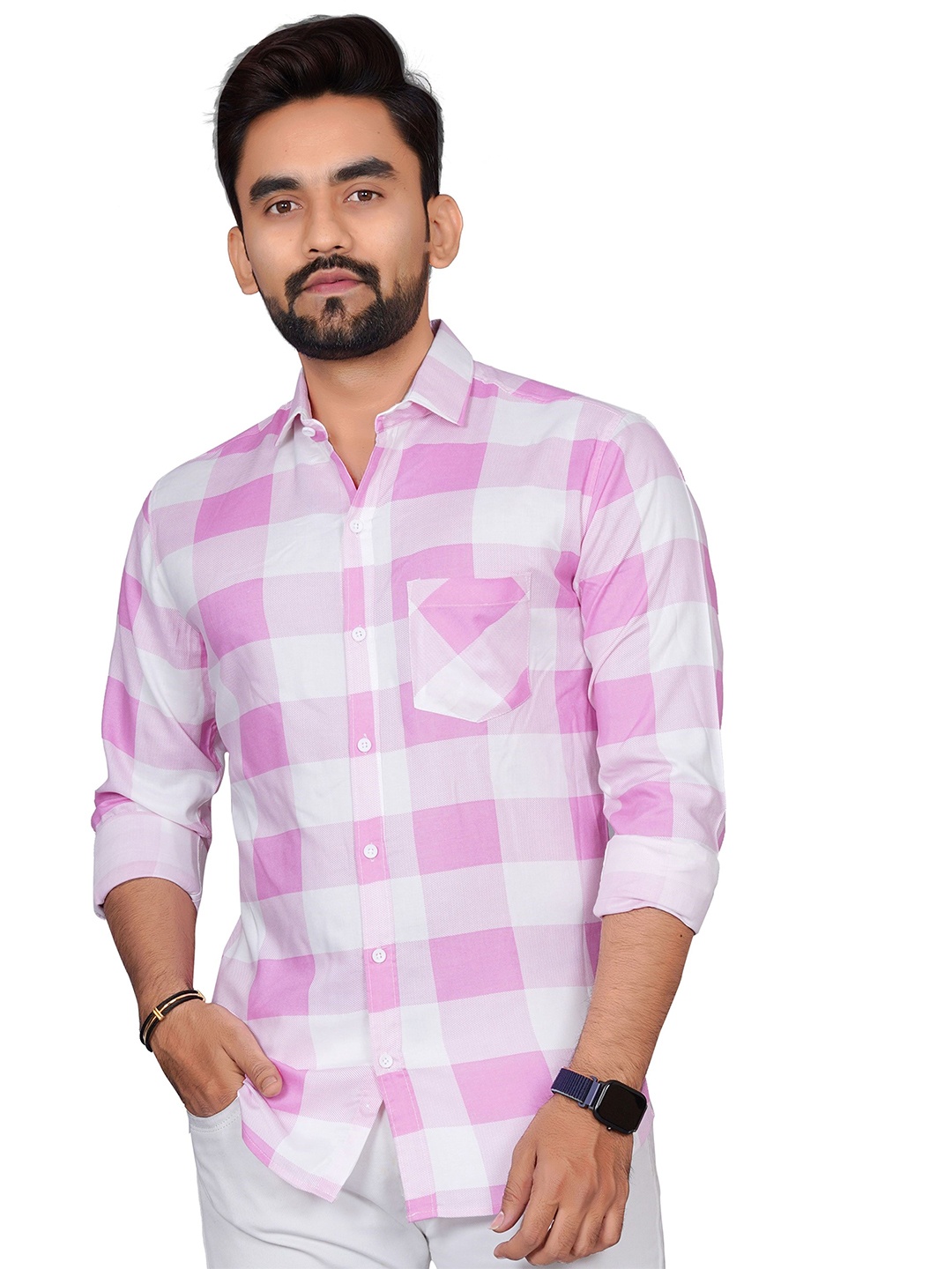 

Metronaut Men Semi Sheer Checked Casual Shirt, Pink
