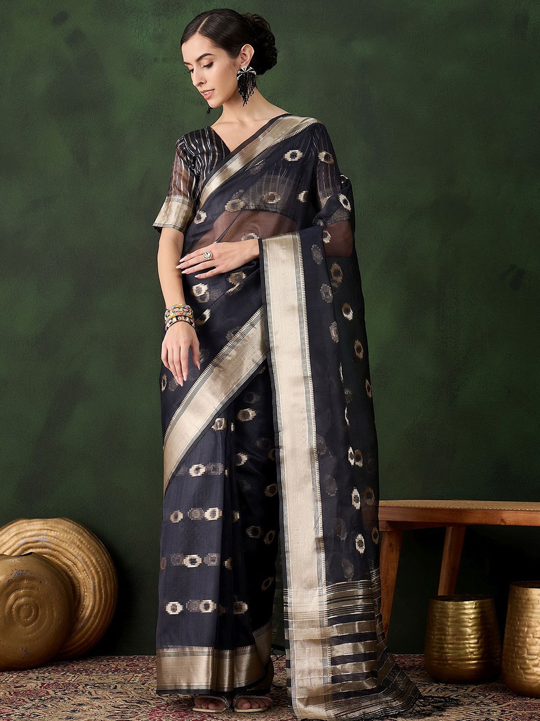 

MANVAA Woven Design Zari Organza Designer Saree, Navy blue