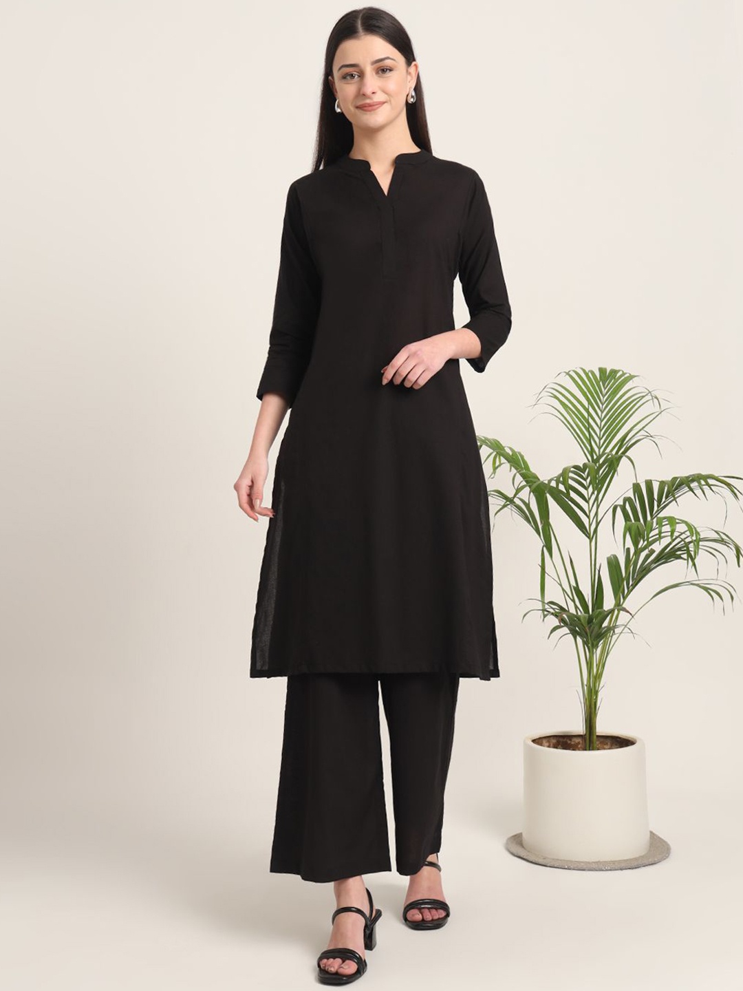 

Thevasa Pure Cotton Mandarin Collar Top With Trousers, Black