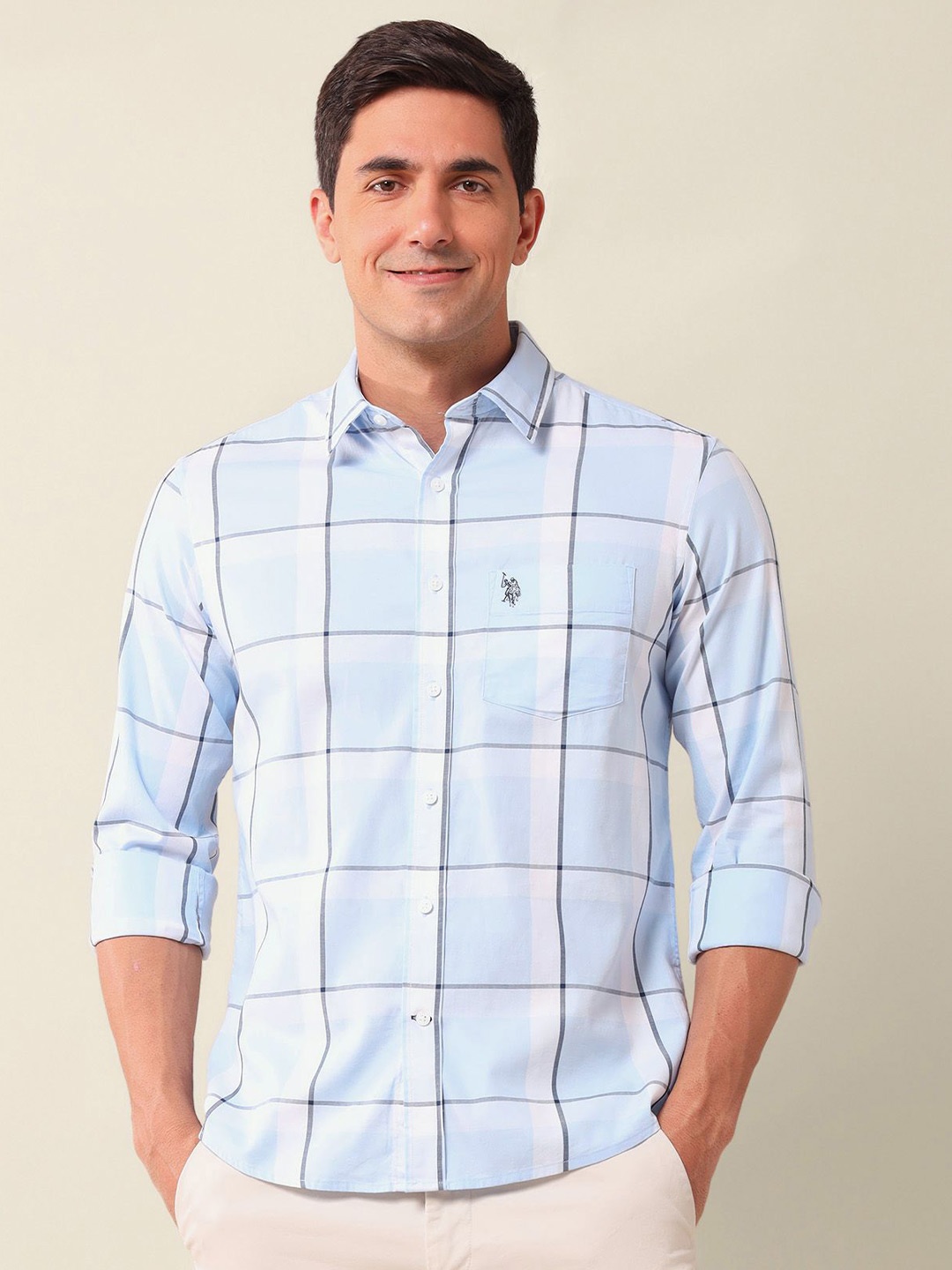 

U.S. Polo Assn. Men Classic Fit Spread Collar Checked Cotton Casual Shirt, Blue