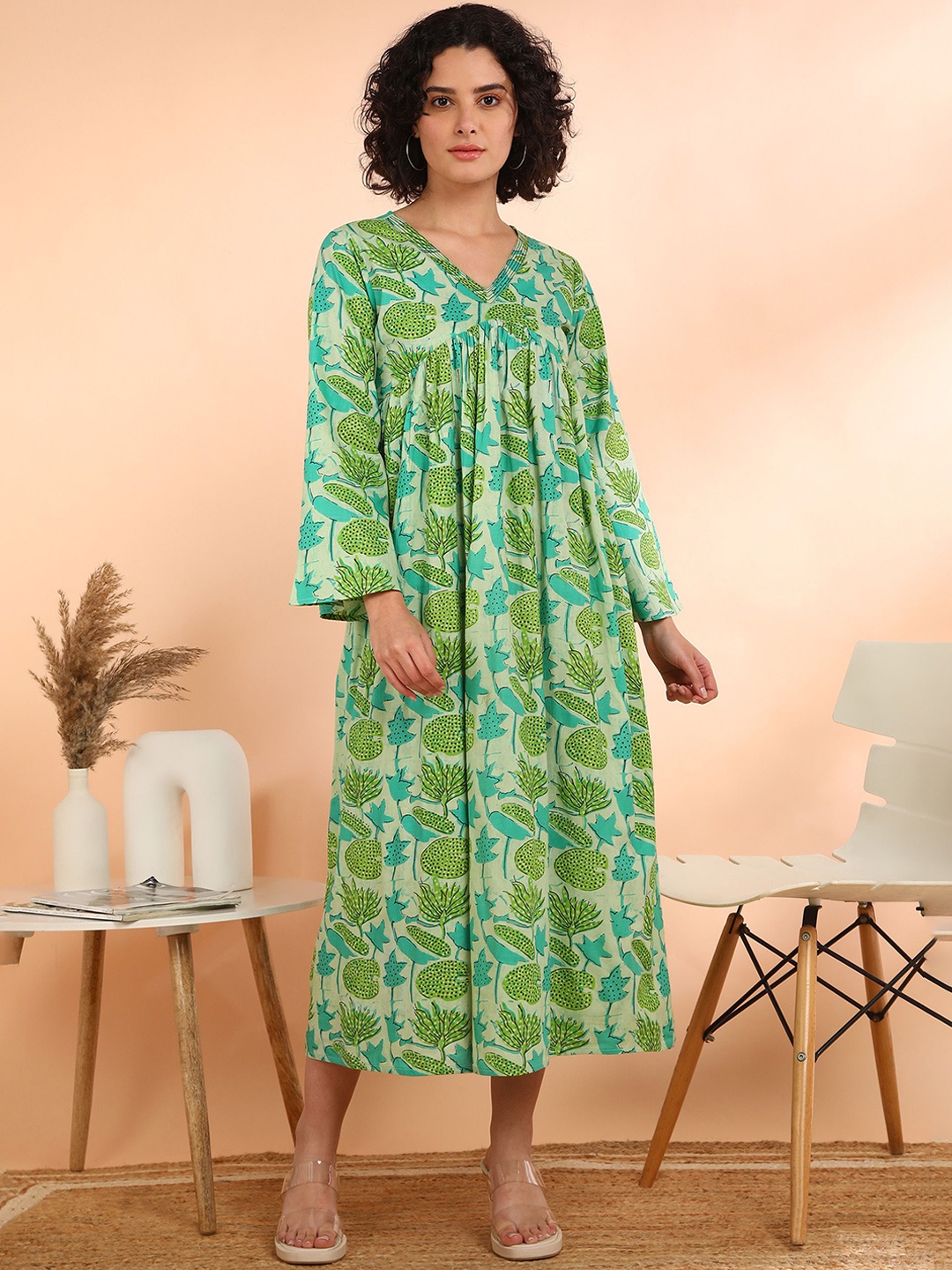 

Maaesa Floral Print A-Line Midi Dress, Green