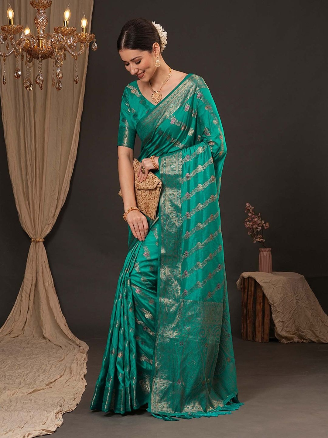 

Anouk Woven Design Zari Silk Blend Banarasi Saree, Turquoise blue