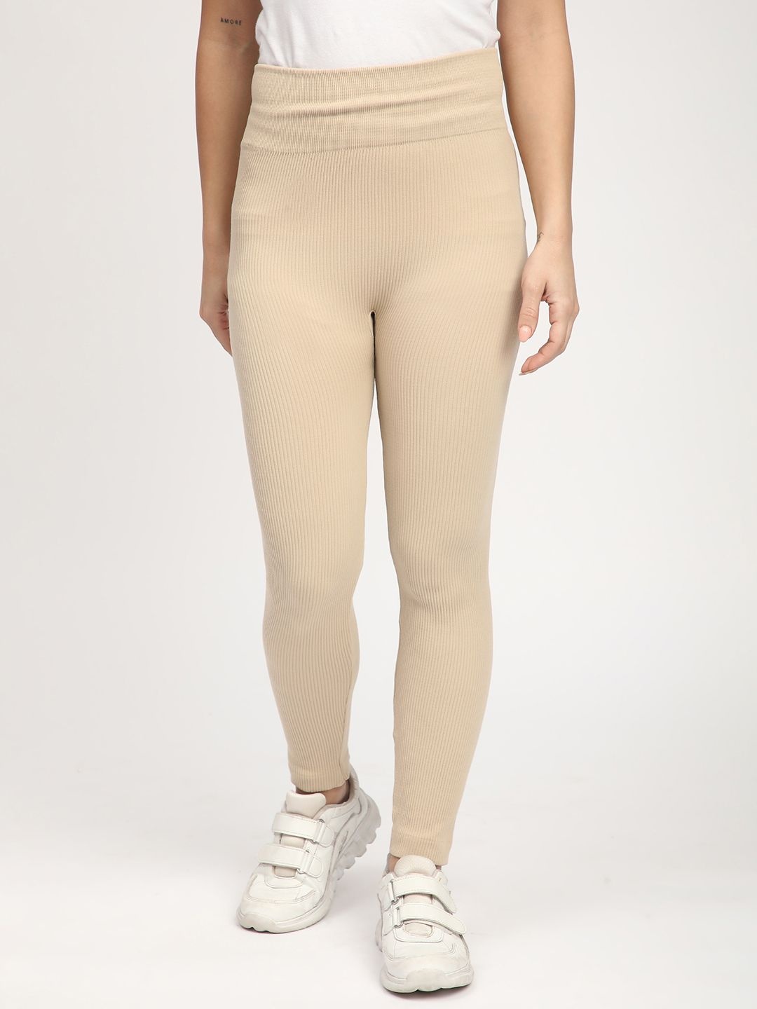 

R&B Women Solid Rib Capris, Beige