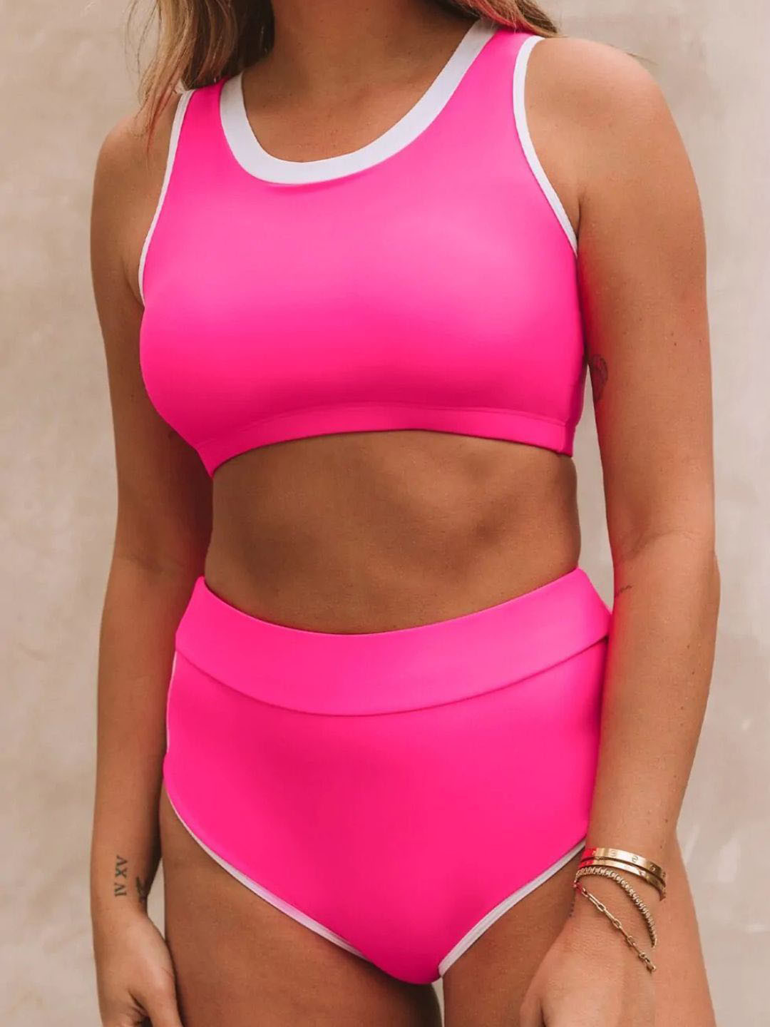 

ANGEL CROSHET Women's High Waisted Bikini Sets Sporty Two Piece Color Block Swimsuit, Pink