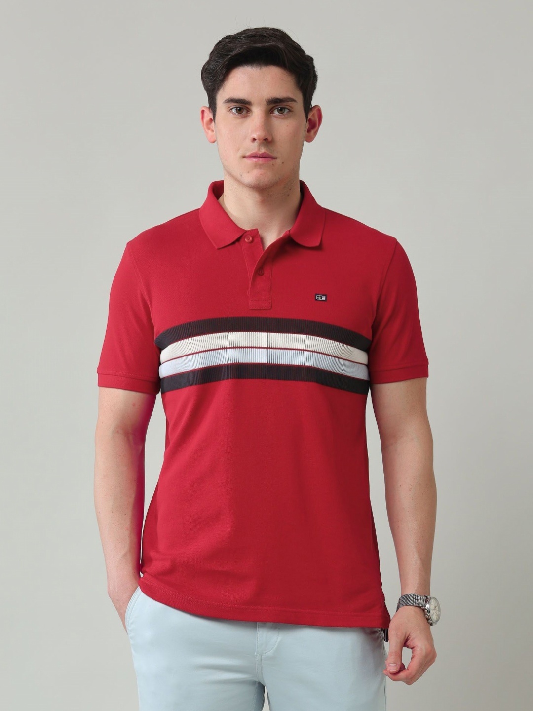 

Arrow Sport Men Brand Logo Striped Polo Collar Pockets T-shirt, Red