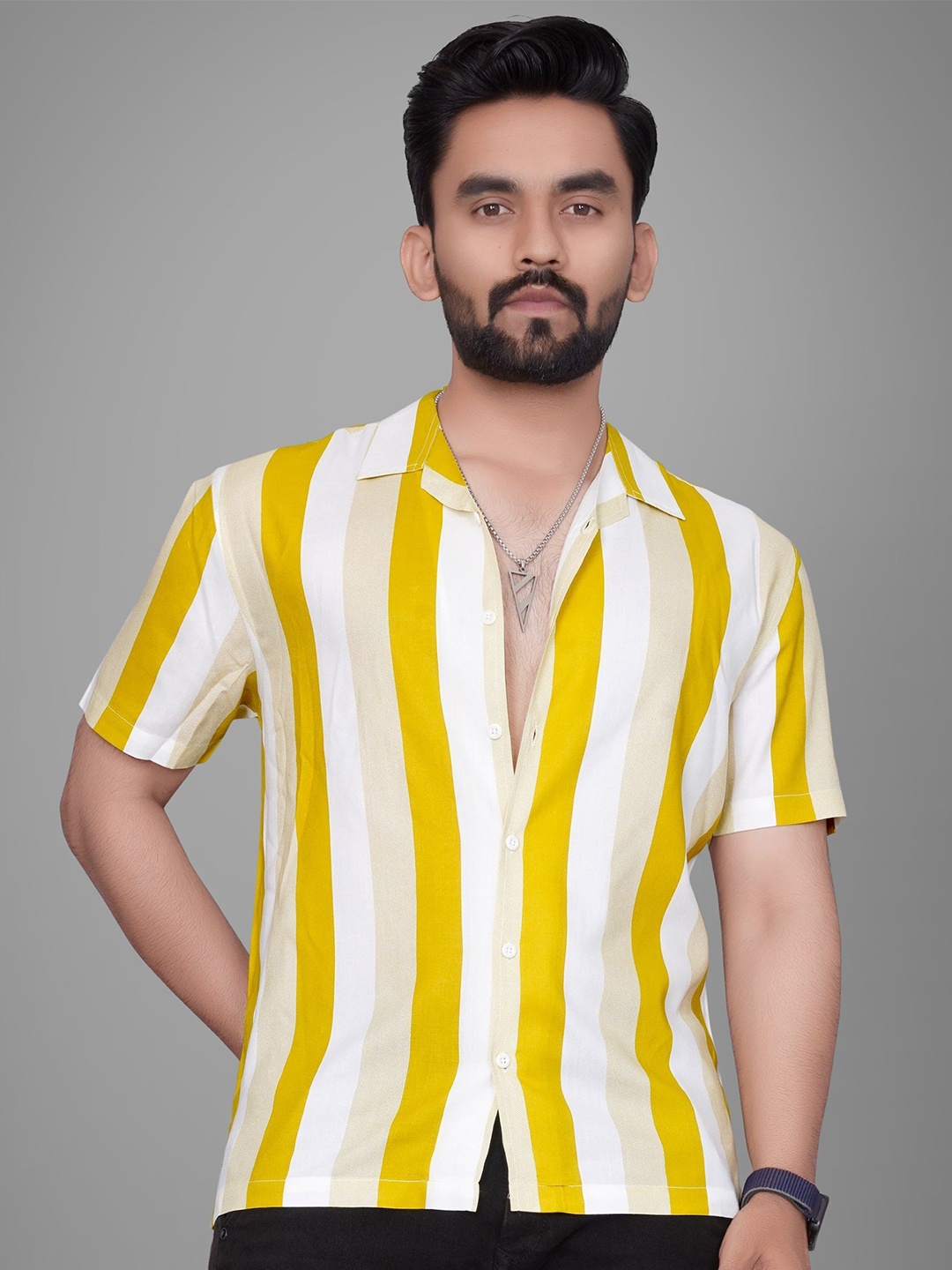 

Metronaut Men Regular Fit Cuban Collar Vertical Striped Casual Shirt, Yellow