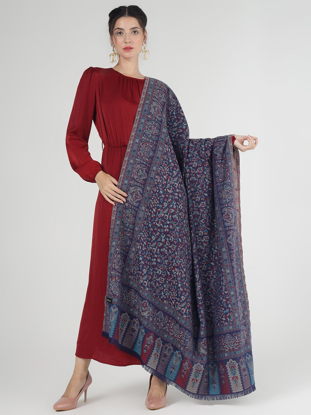 

PASHMAL INDIA PRIVATE LIMITED Floral Woven Design Wool Shawl, Blue