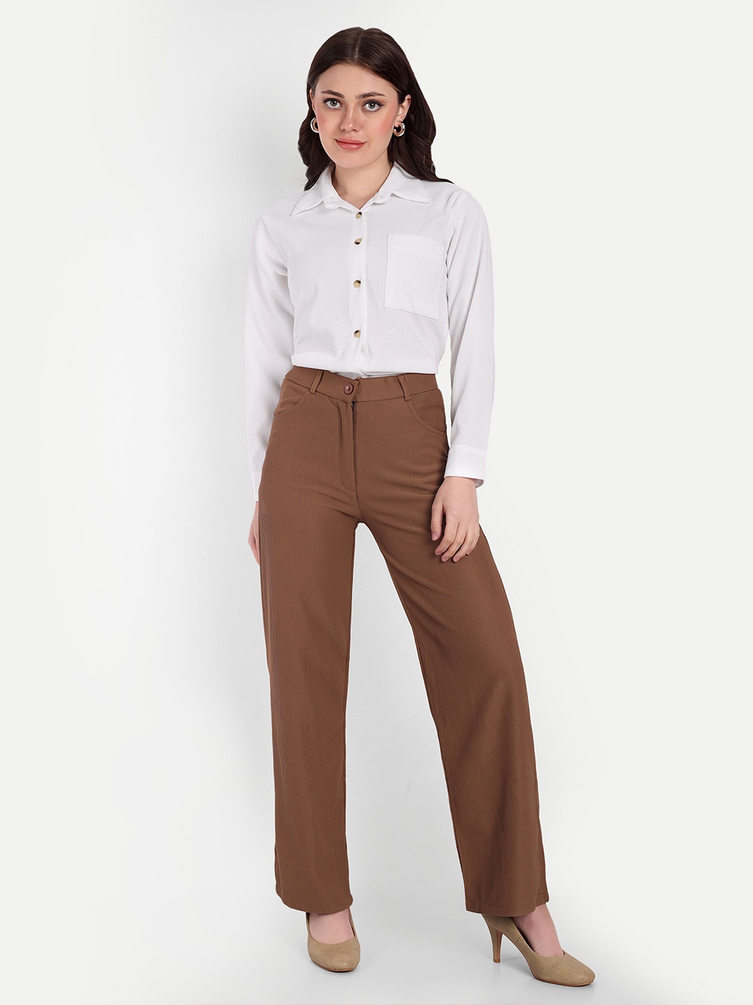 

FNOCKS Women Comfort Fit Spread Collar Vertical Striped Cotton Formal Shirt, White