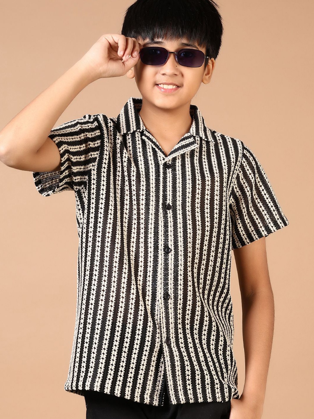 

V-Mart Boys Cuban Collar Vertical Striped Cotton Casual Shirt, Black