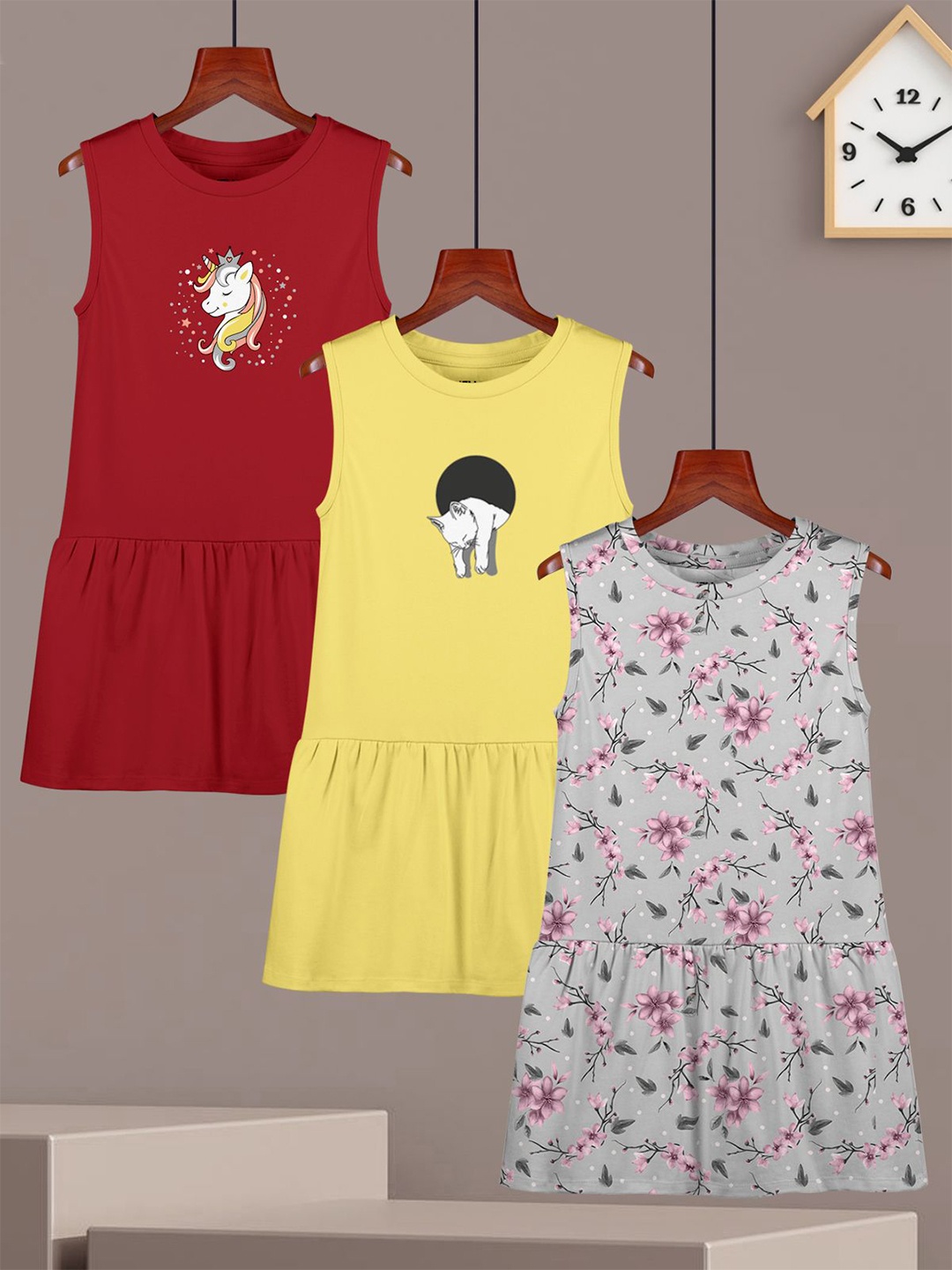 

HELLCAT Girl Pack Of 3 Print Round Neck Sleeveless A-Line Dress, Red