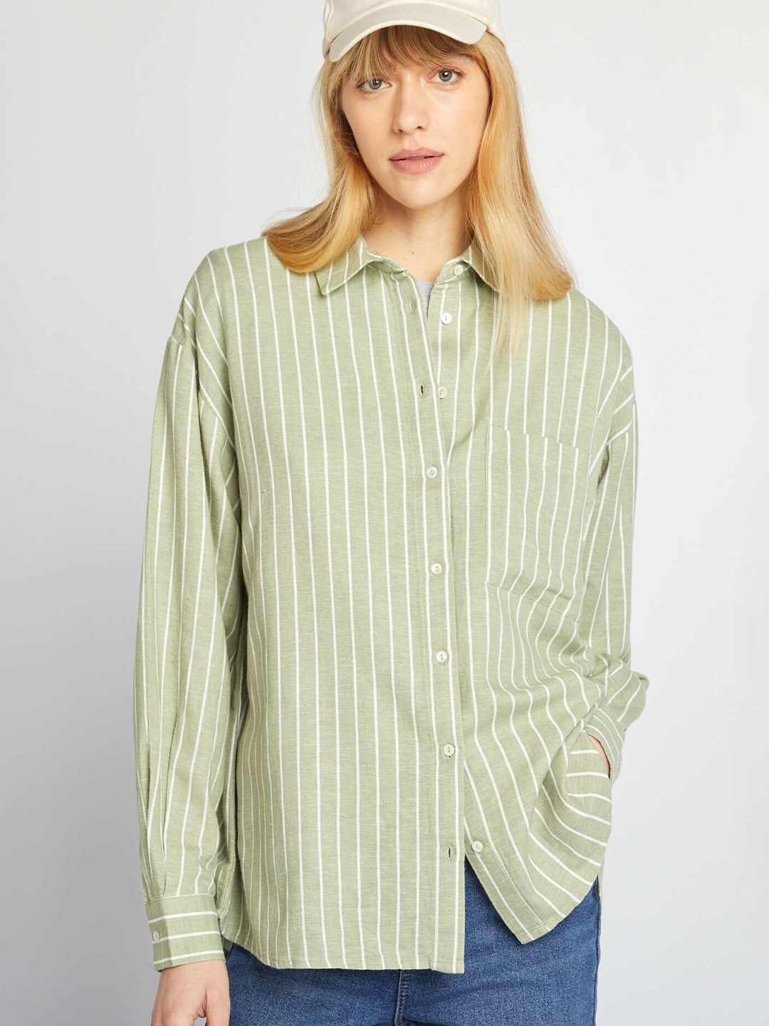 

KIABI Women Comfort Fit Spread Collar Vertical Striped Casual Shirt, Green
