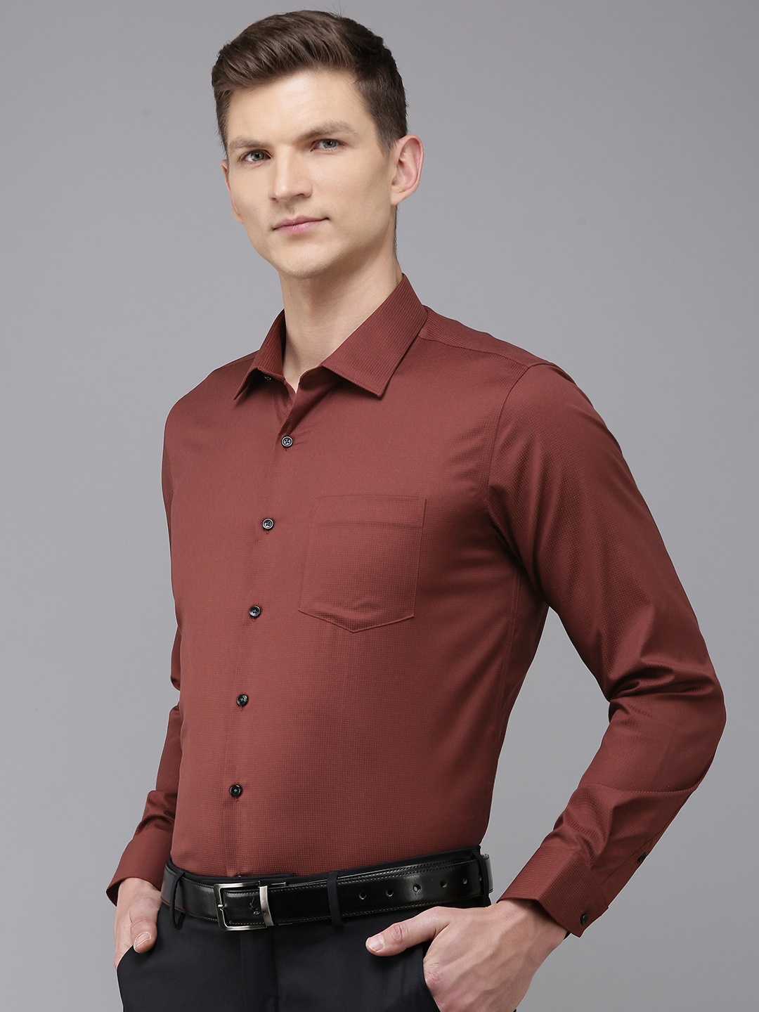 

Van Heusen Pure Cotton Self Design Textured Slim Fit Opaque Formal Shirt, Brown