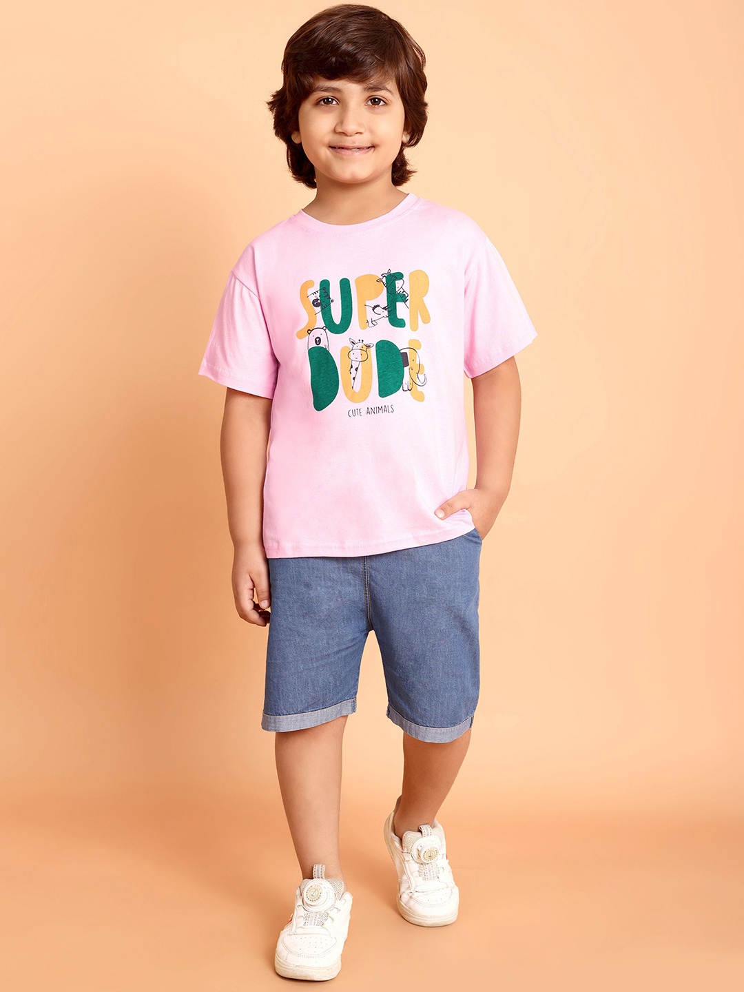 

HERE&NOW Boys Printed Round Neck Pure Cotton T-Shirt With Shorts, Pink