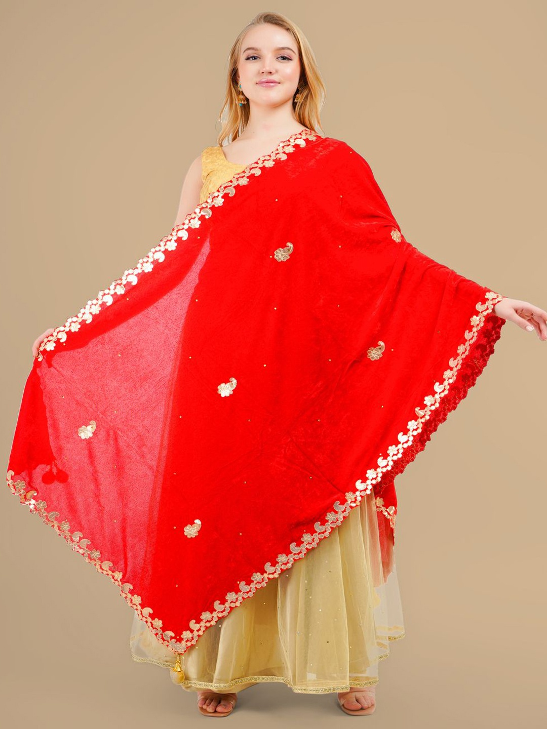 

Karthav Fashion Paisley Embroidered Velvet Dupatta With Gotta Patti, Red