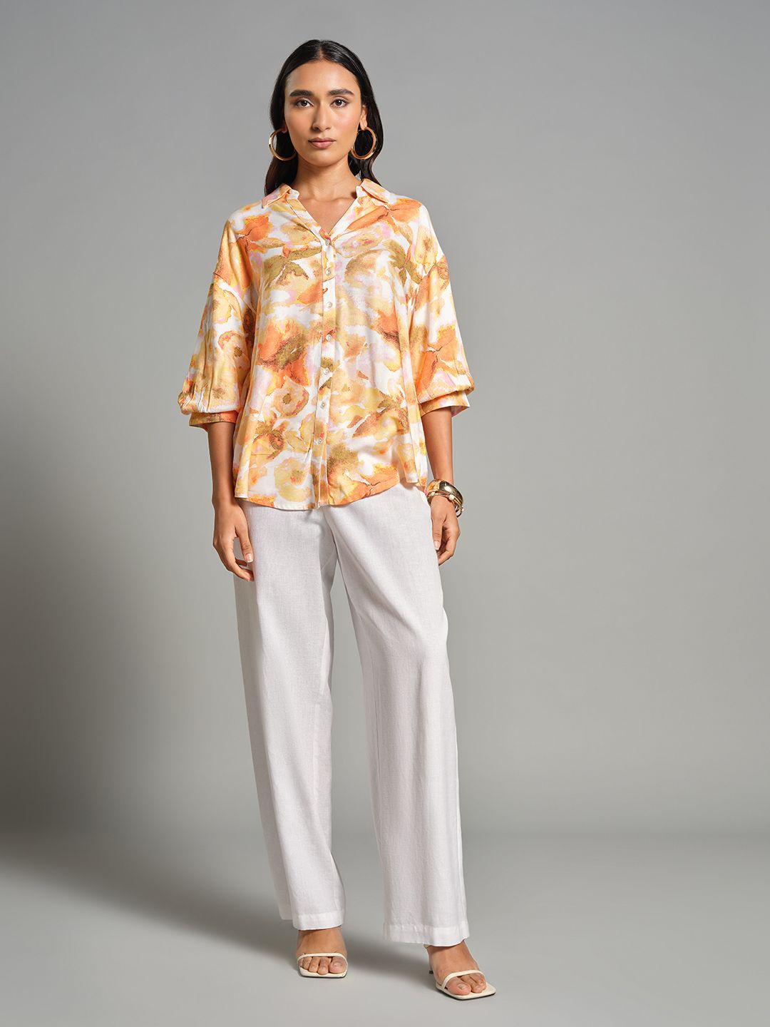 

AND Women Floral Print Shirt Collar puff Sleeve Shirt Style Top, Orange