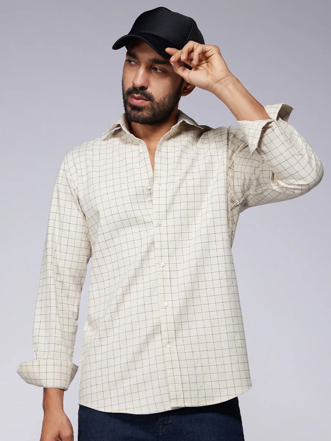 

Bombay Shirt Company Men Custom Fit Grid Tattersall Checked Cotton Casual Shirt, Beige