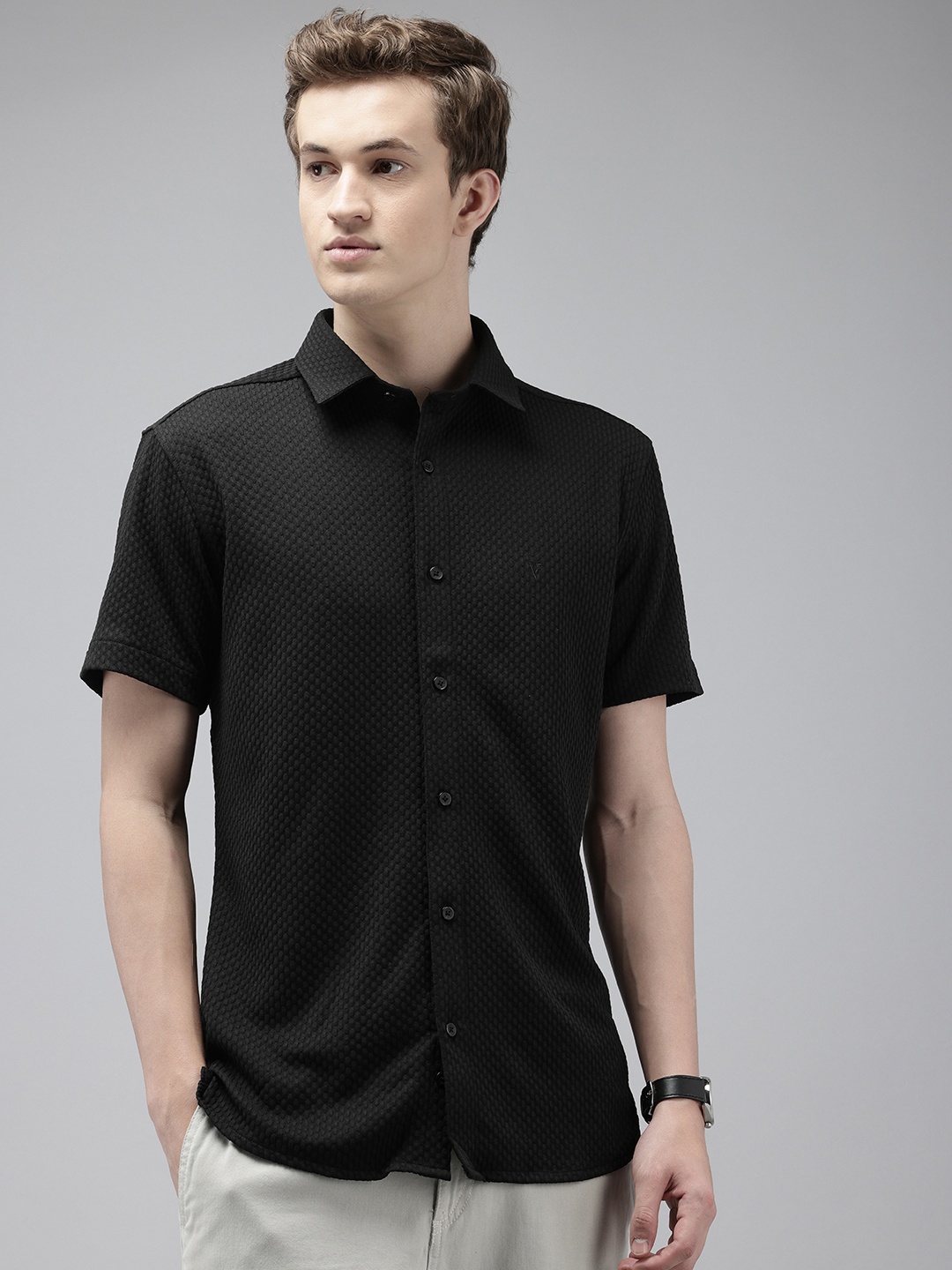 

V Dot Skinny Fit Self Designed Casual Shirt, Black