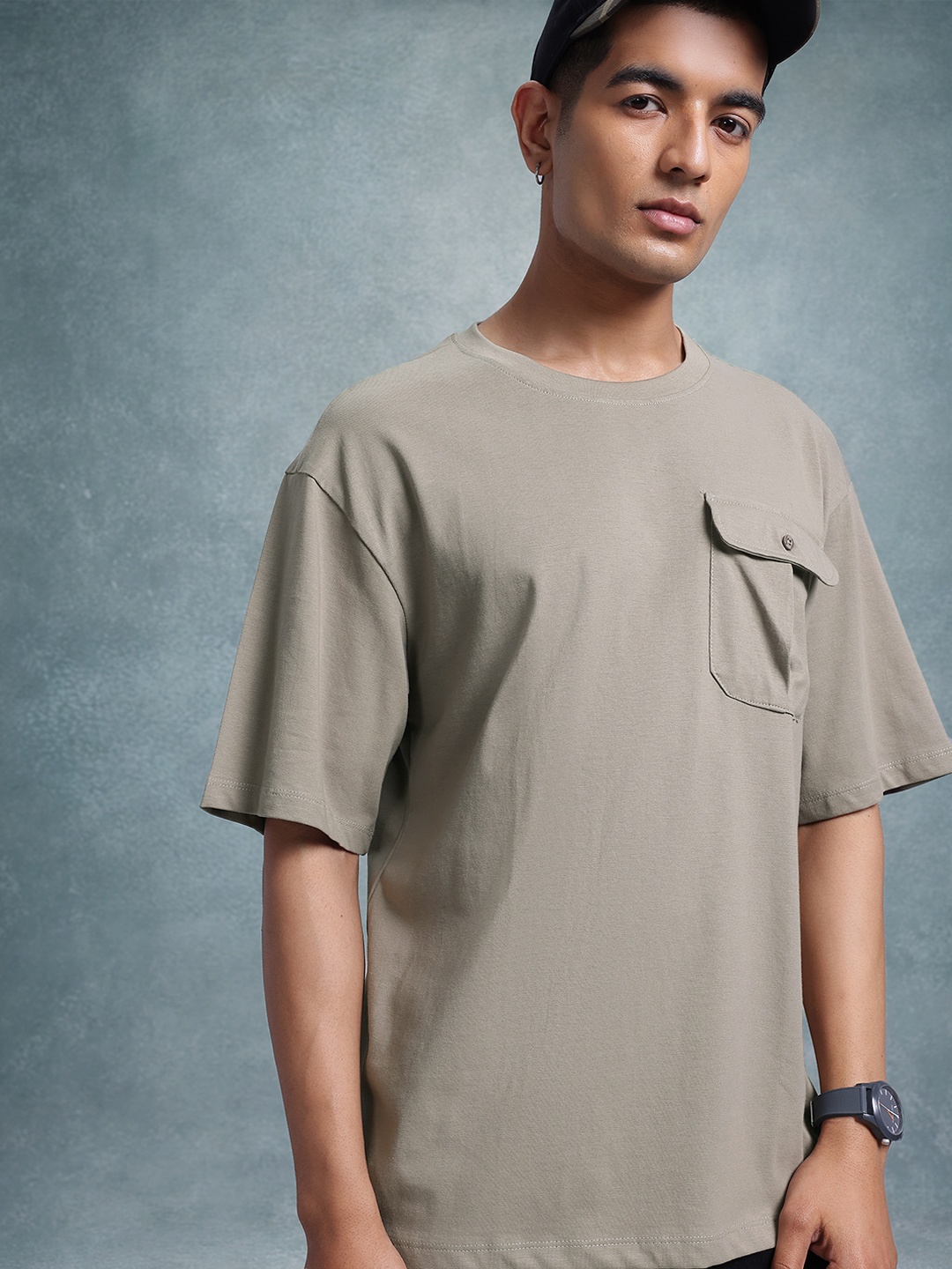 

The Roadster Life Co. Drop-Shoulder Sleeves Pure Cotton Relaxed T-shirt, Olive
