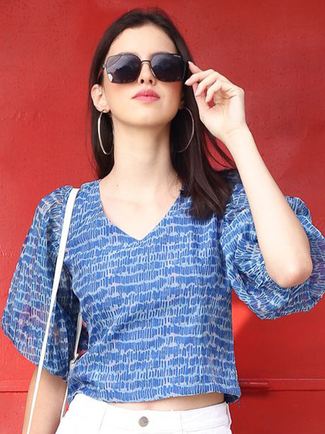 

Sera Women's Tie and Dye Print Puff Sleeve Net Crop Top, Blue