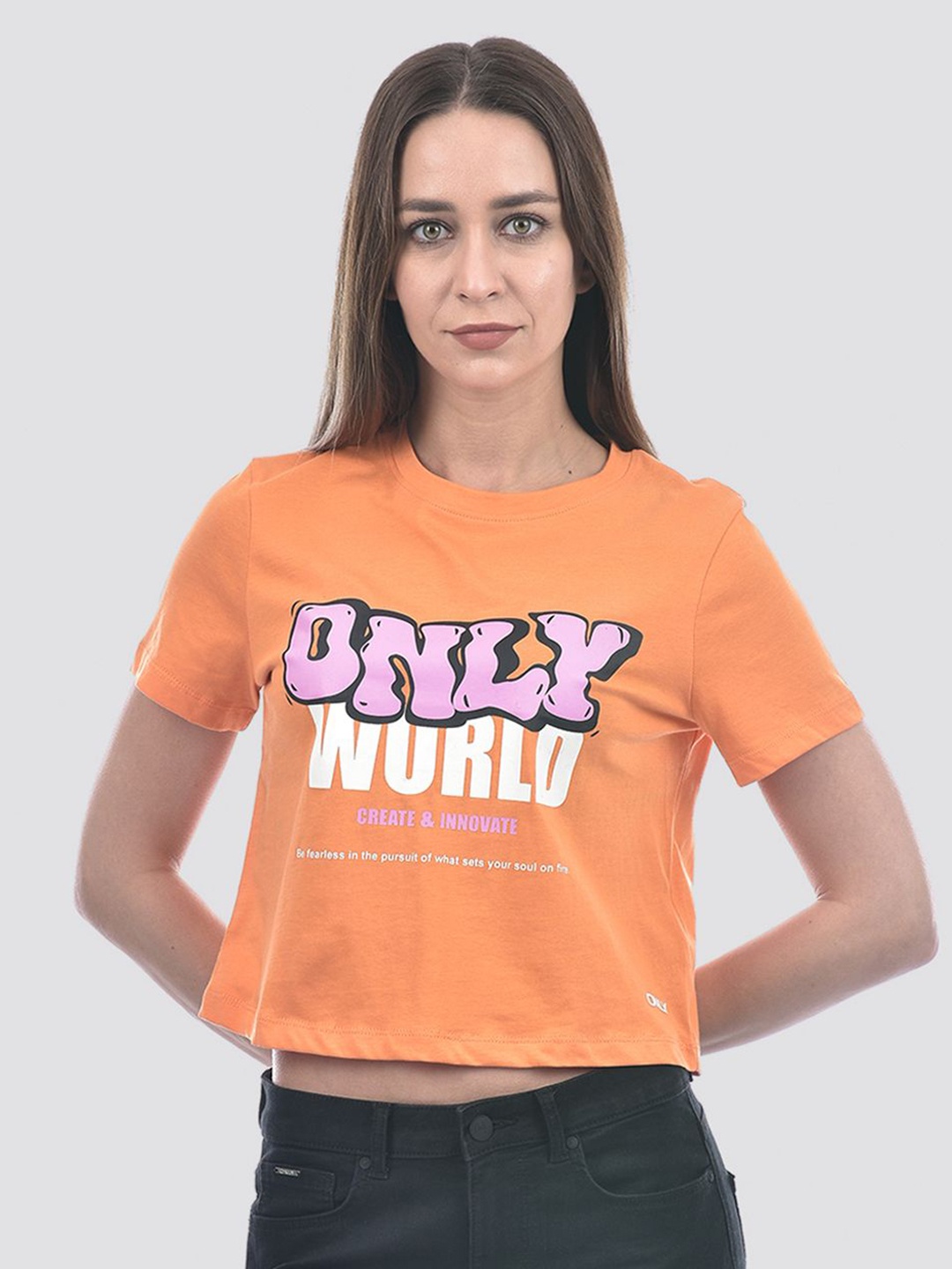 

ONLY Women Typography Printed Round Neck Cotton T-shirt, Orange