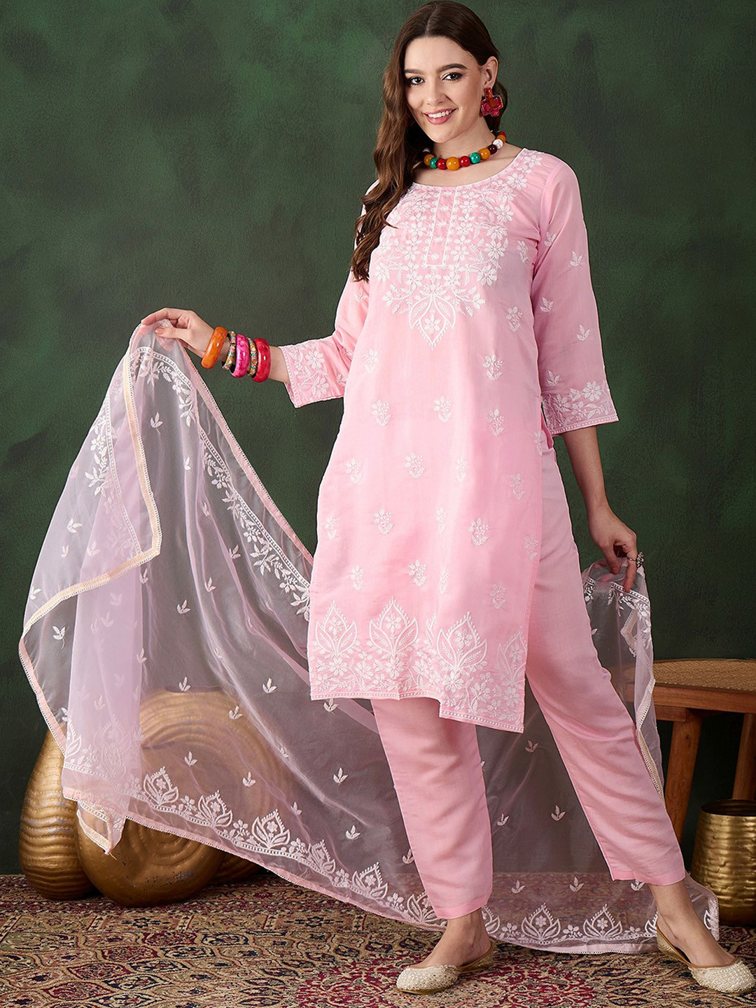 

MANVAA Floral Embroidered Round Neck kurta With Trousers And Dupatta, Pink