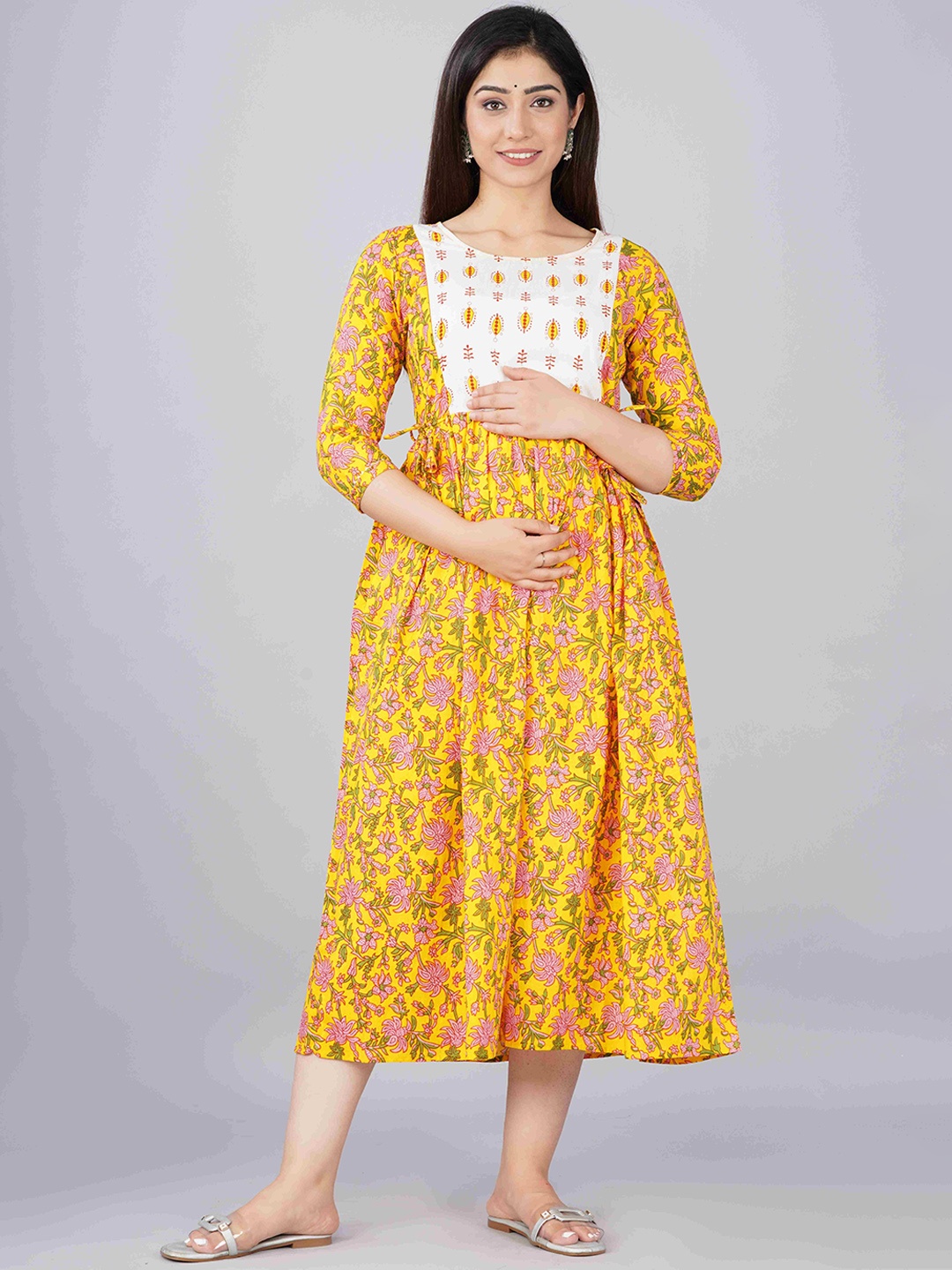 

SILAKIVA Floral Printed Gathered Fit and Flare Maternity Dress, Yellow