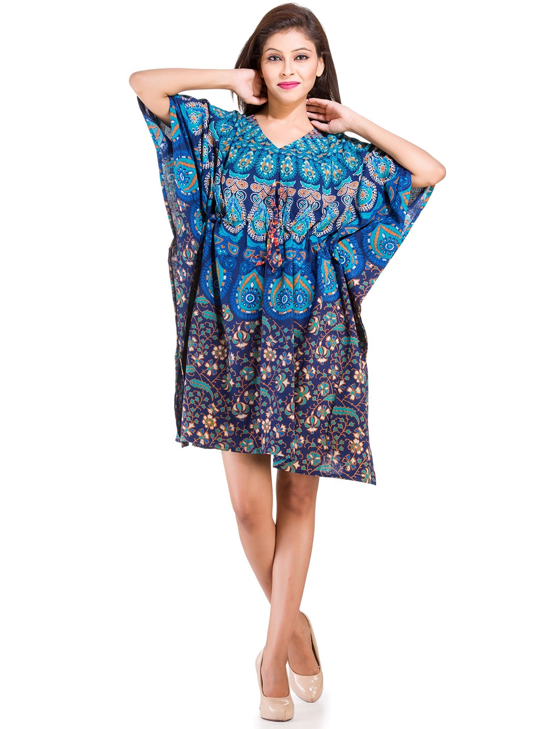 

HANDICRAFT PALACE Women Mandala Printed Pure Cotton Kaftan Dress, Blue