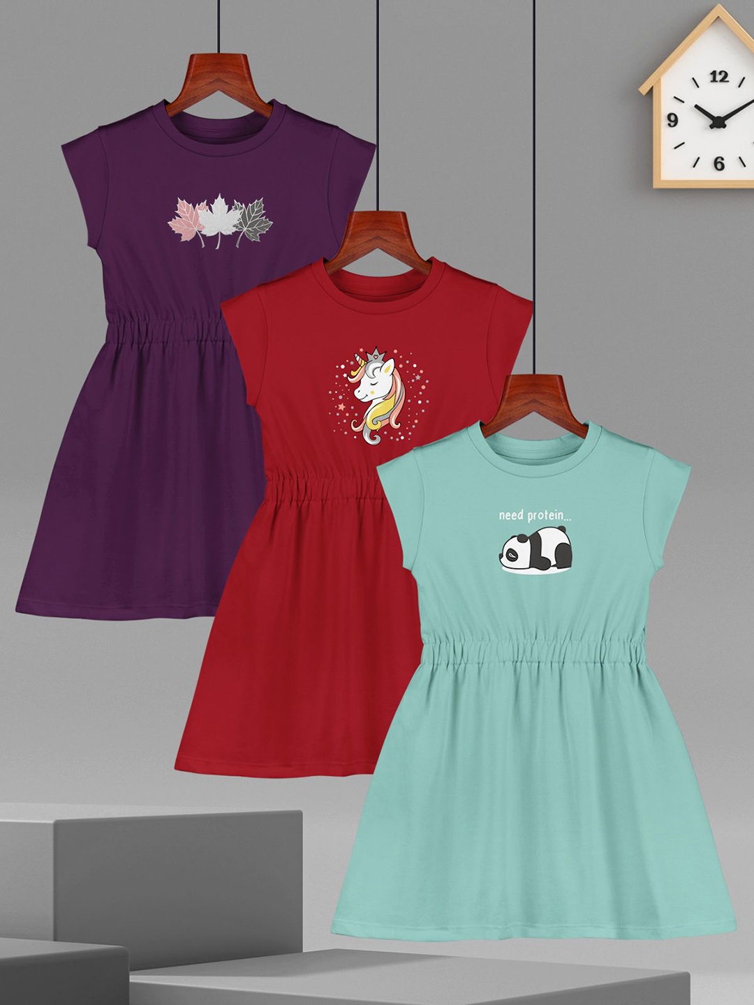 

HELLCAT Girls Pack of 3 Printed A-Line Dress, Purple