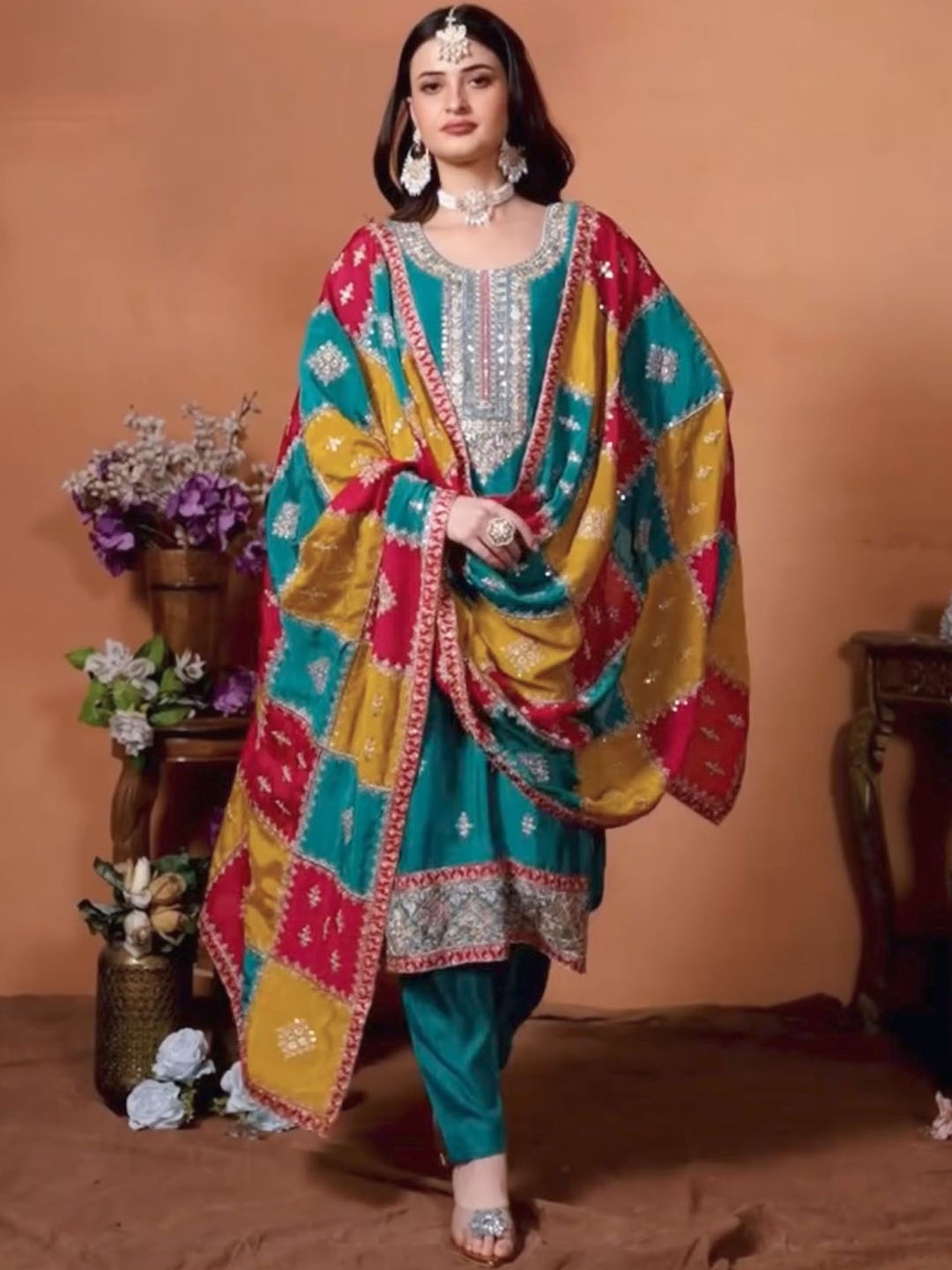 

ZIBLON Floral Embroidered Zari Pakistani Style Kurta With Trouser & Dupatta, Blue