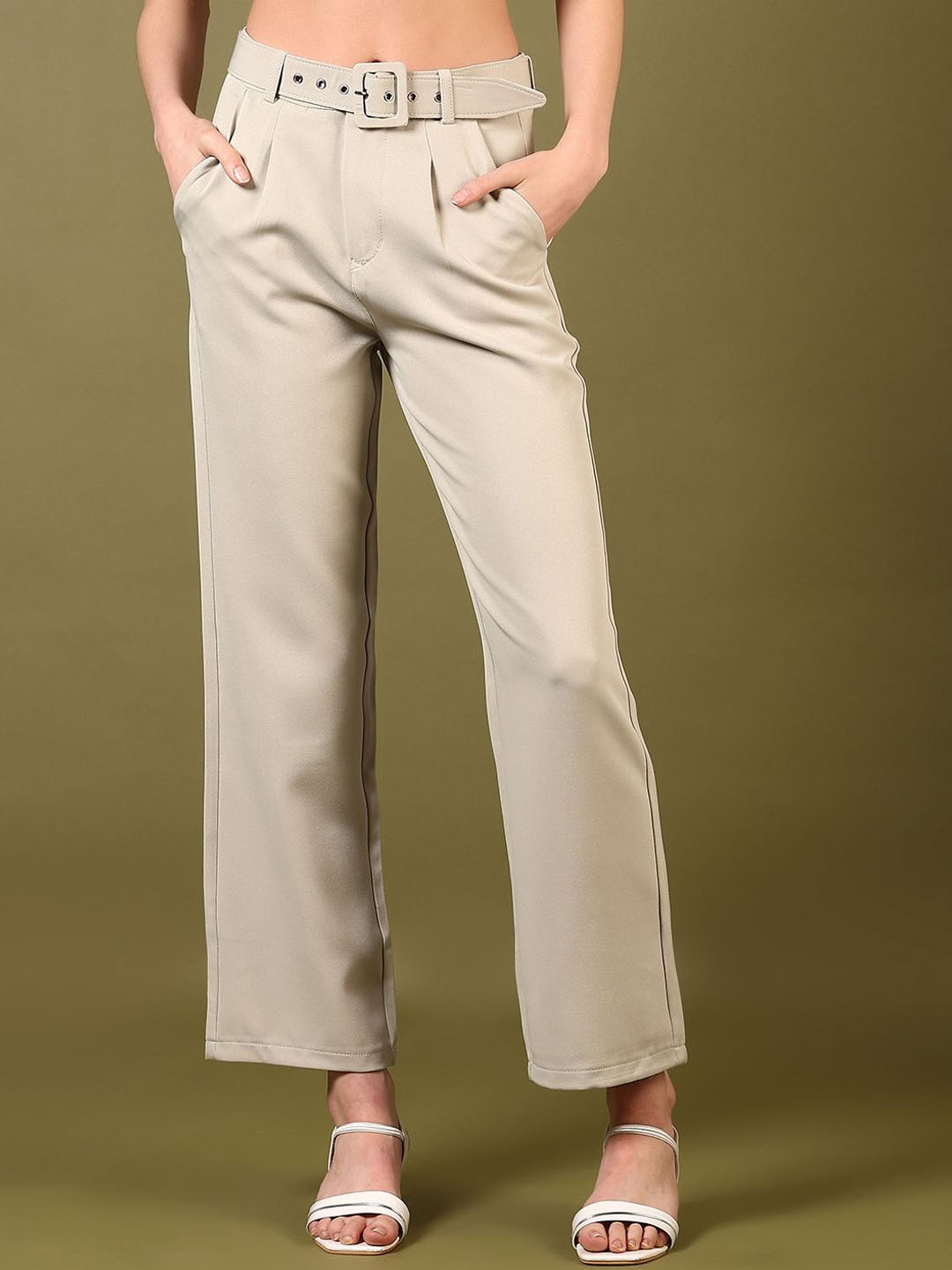 

V-Mart Women Regular Fit Mid-Rise Pleated Formal Trousers, Green