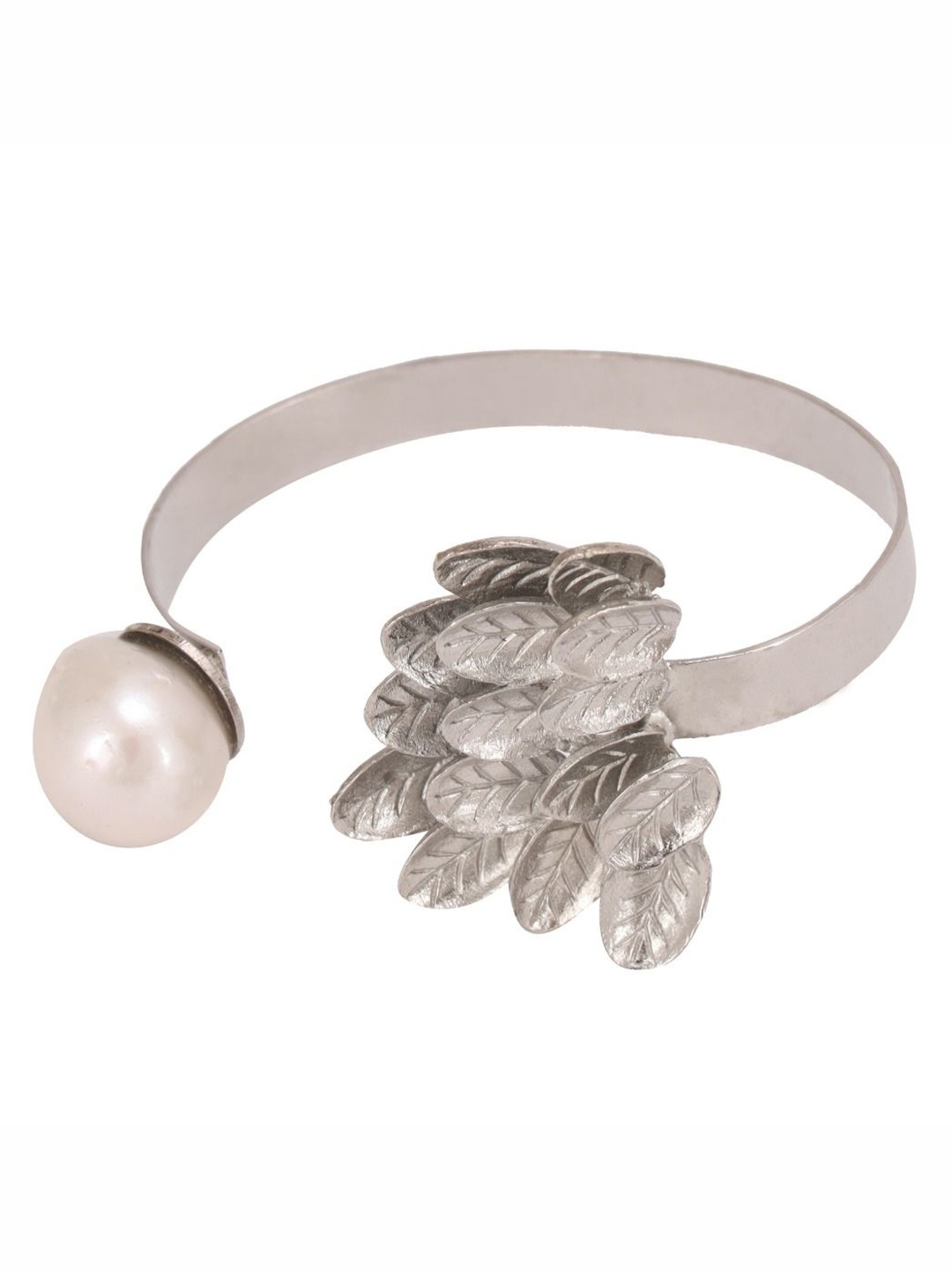 

Trupti Mohta Rhodium-Plated Pearls Beaded Leaf Cuff Bracelet, Silver