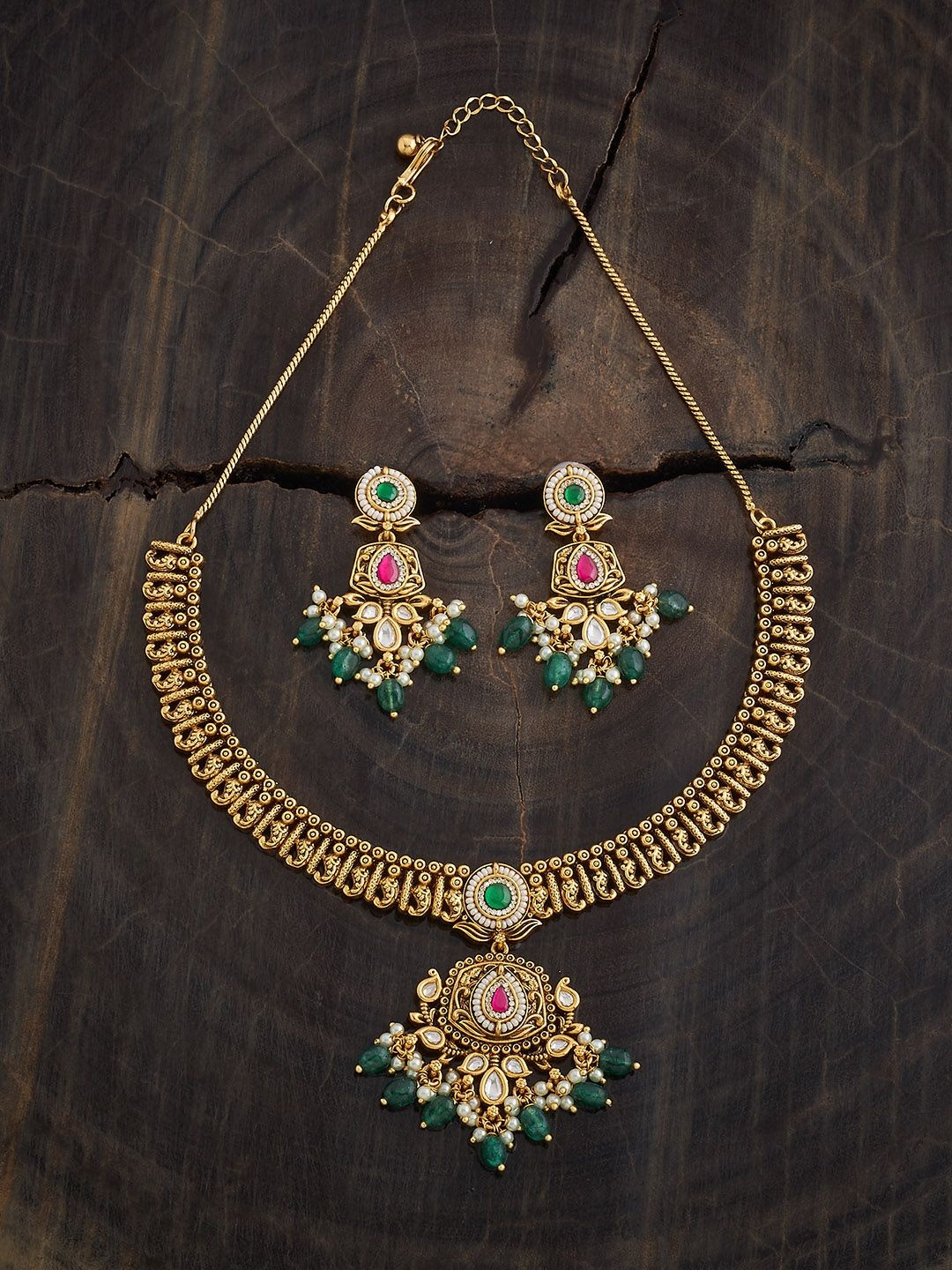 

Kushal's Fashion Jewellery Ruby-Green Gold-Plated Stone Studded & Beaded Antique Necklace