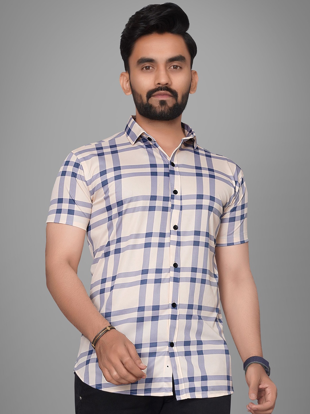 

Metronaut Men Regular Fit Spread Collar Checked Cotton Casual Shirt, Beige