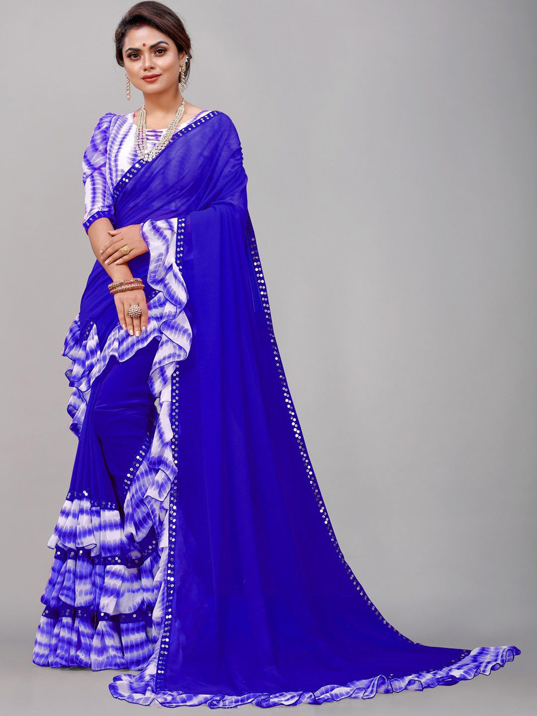 

Moda Rapido Leheriya Mirror Work Pure Georgette Leheriya Saree, Blue