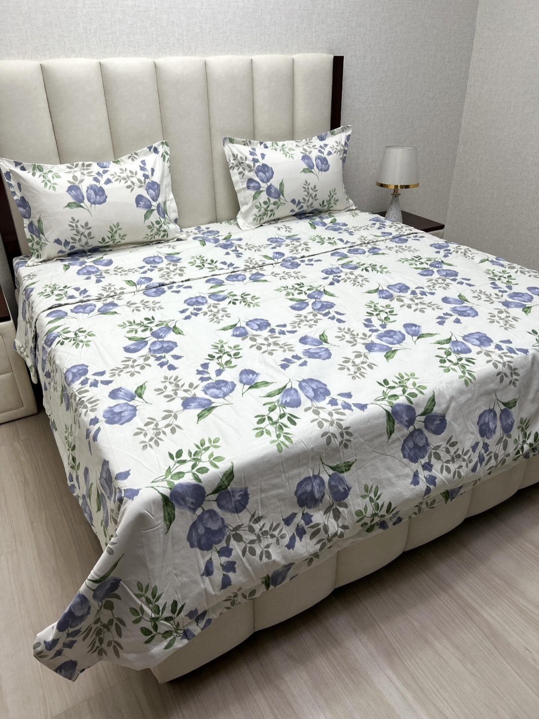 

Pure Decor White & Blue Floral Printed Double King Superfine Bedding Set