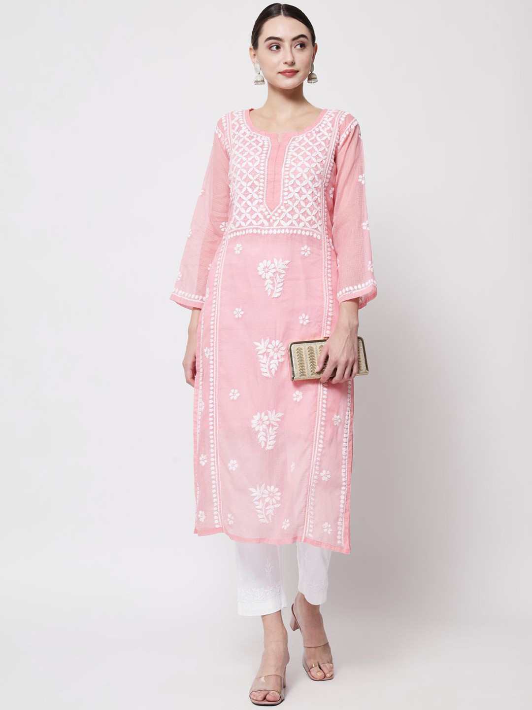 

PARAMOUNT Floral Embroidered Notch Neck Lucknowi Chikankari Kurta, Pink
