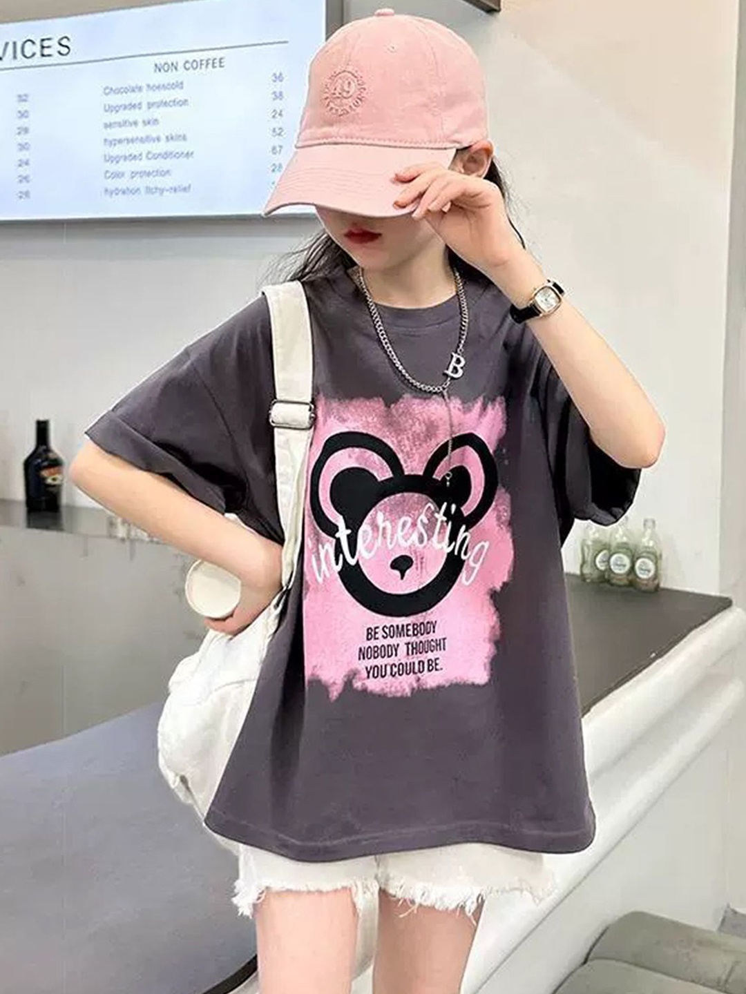 

LULU & SKY Girls Graphic Printed Round Neck Cotton Oversized T-shirt, Grey