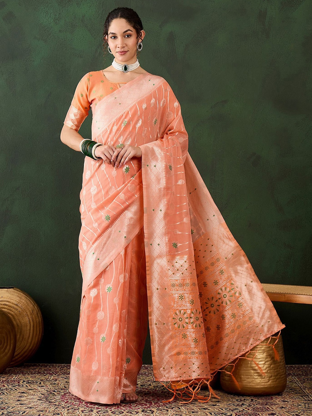 

MANVAA Floral Zari Designer Banarasi Saree, Orange