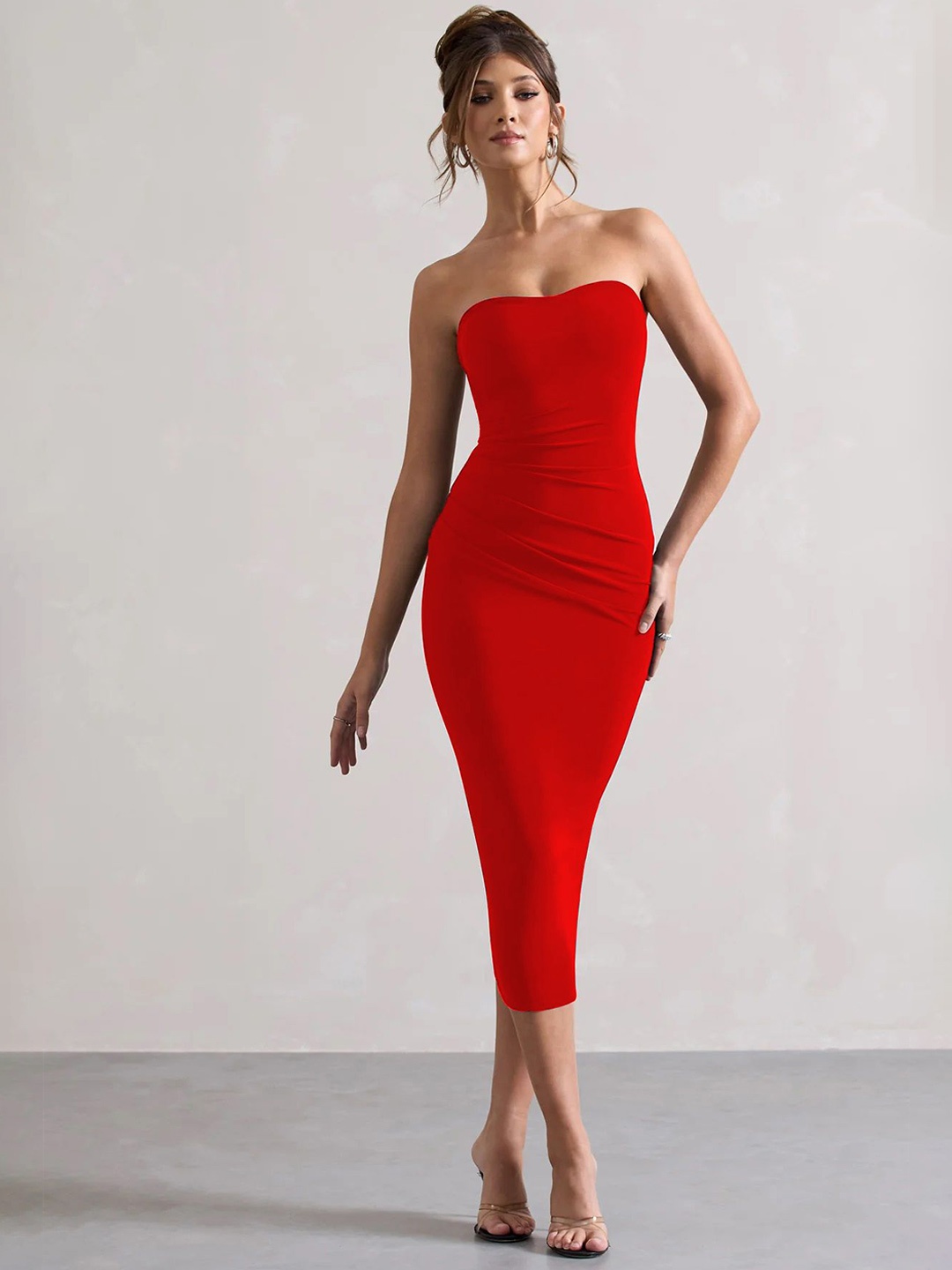 

TRAQUILA Women Off-Shoulder Bandeau Dress, Red